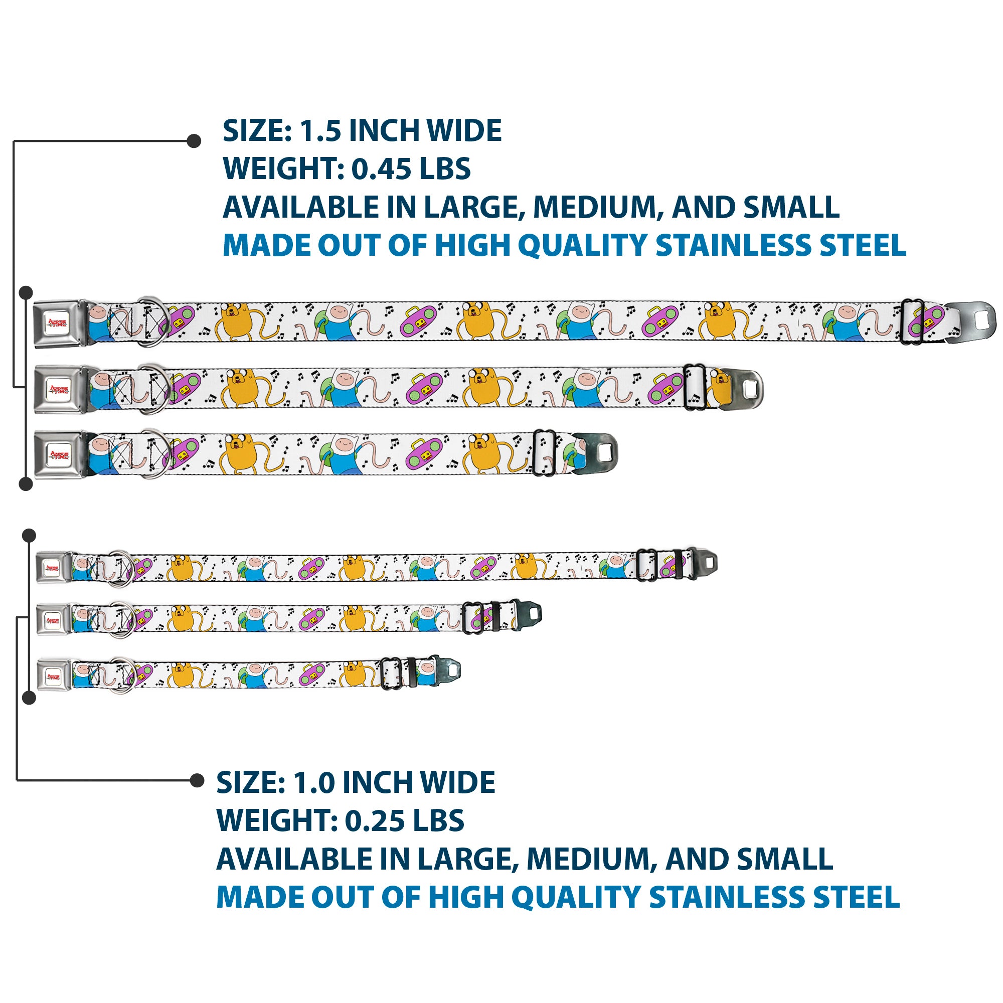 ADVENTURE TIME Title Logo Full Color White Seatbelt Buckle Collar - Adventure Time Finn and Jake Long Arms Dancing Pose White Seatbelt Buckle Collars Adventure Time