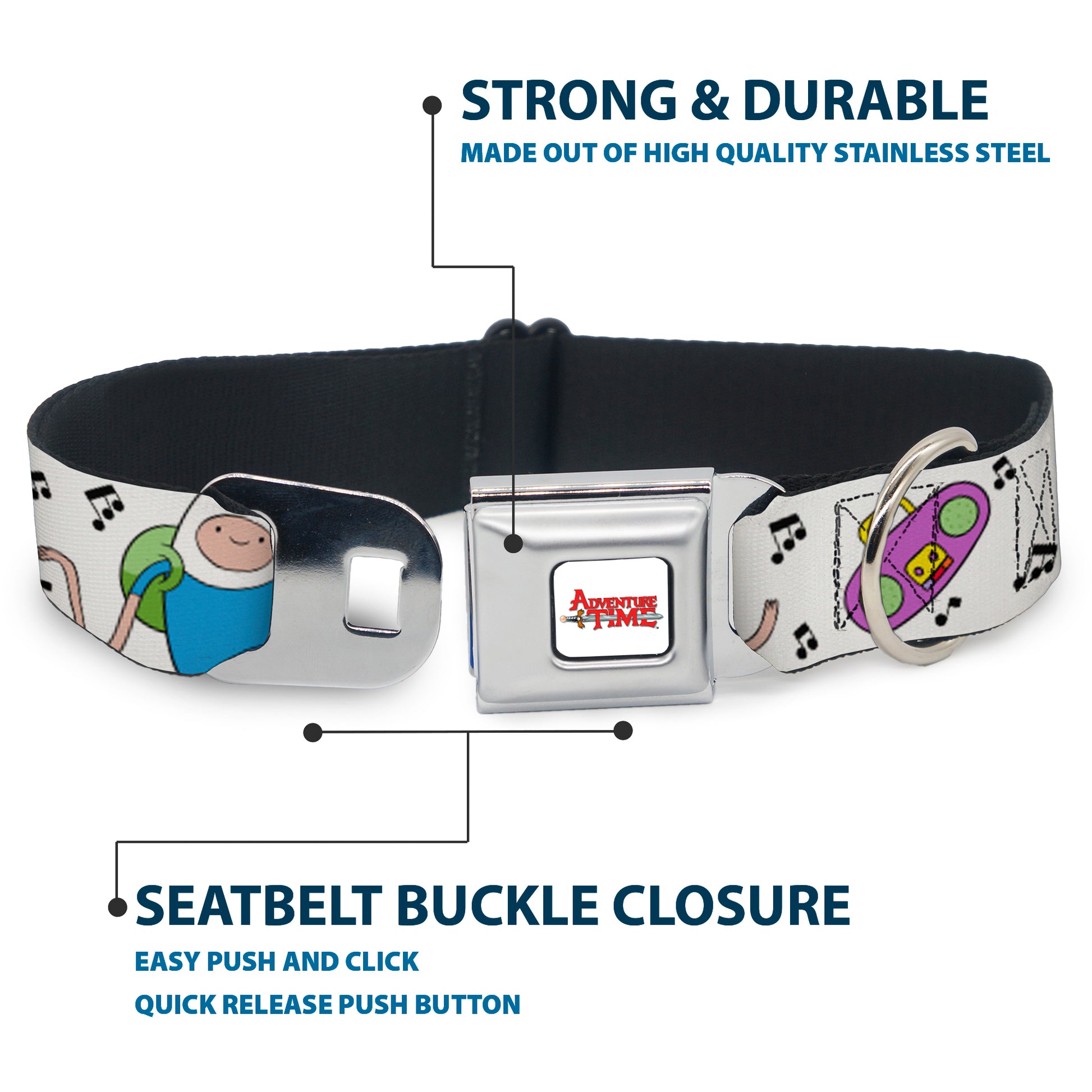 ADVENTURE TIME Title Logo Full Color White Seatbelt Buckle Collar - Adventure Time Finn and Jake Long Arms Dancing Pose White Seatbelt Buckle Collars Adventure Time
