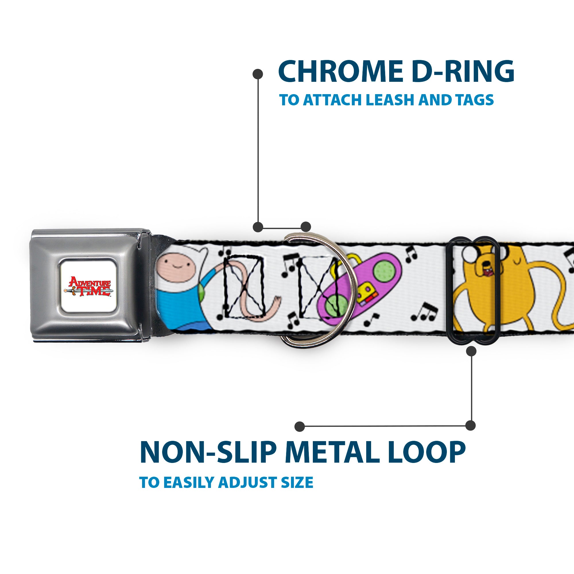 ADVENTURE TIME Title Logo Full Color White Seatbelt Buckle Collar - Adventure Time Finn and Jake Long Arms Dancing Pose White Seatbelt Buckle Collars Adventure Time