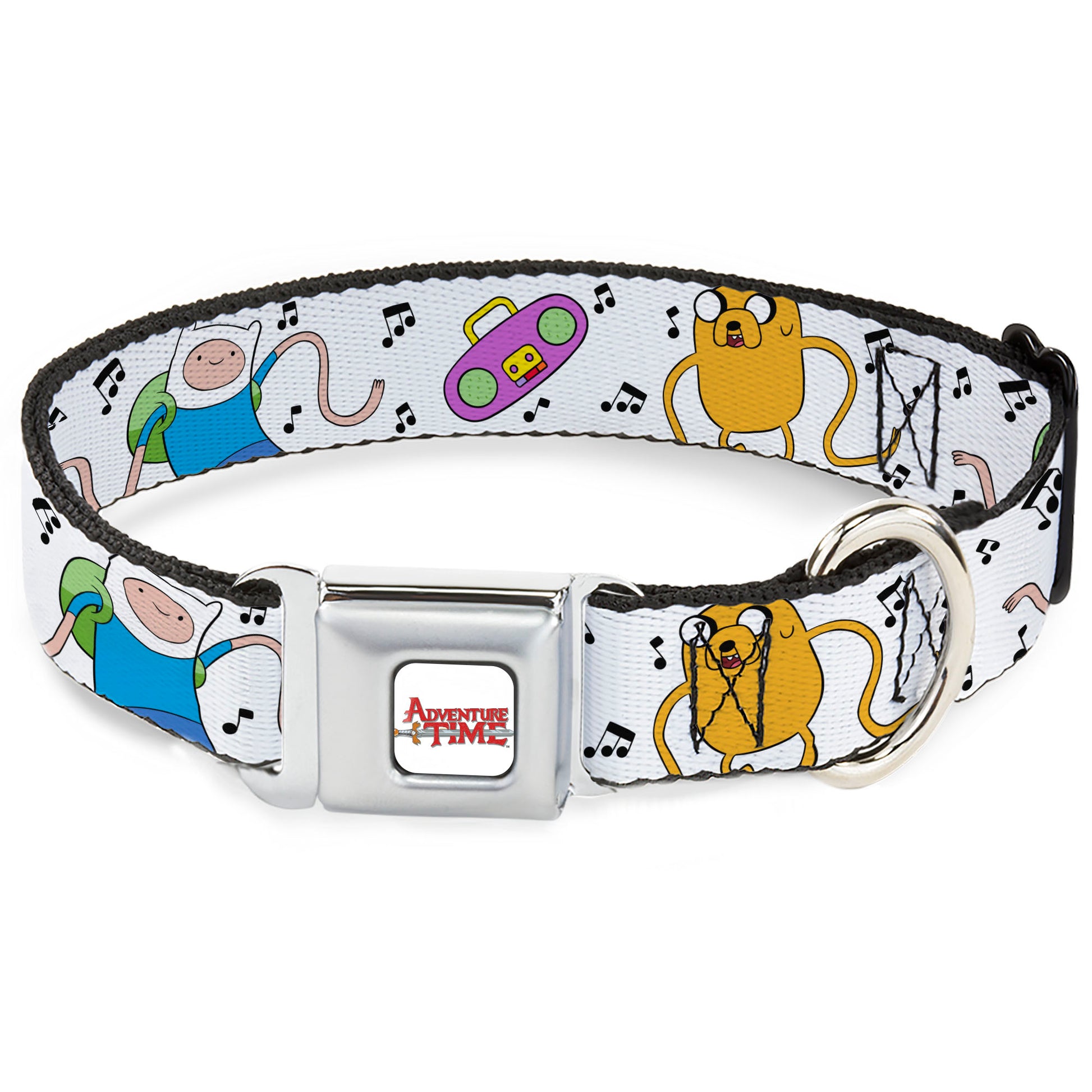 ADVENTURE TIME Title Logo Full Color White Seatbelt Buckle Collar - Adventure Time Finn and Jake Long Arms Dancing Pose White Seatbelt Buckle Collars Adventure Time
