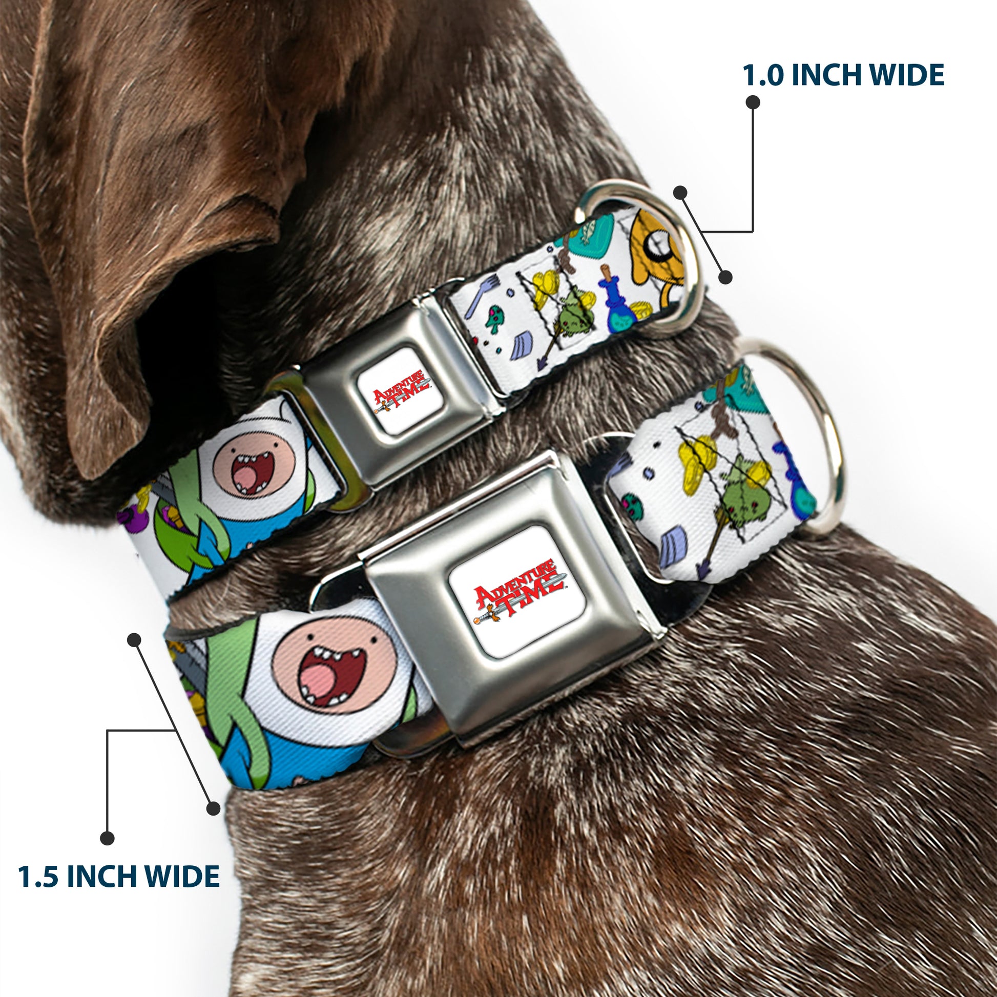 ADVENTURE TIME Title Logo Full Color White Seatbelt Buckle Collar - Adventure Time Jake and Finn Open Pack Pose White Seatbelt Buckle Collars Adventure Time