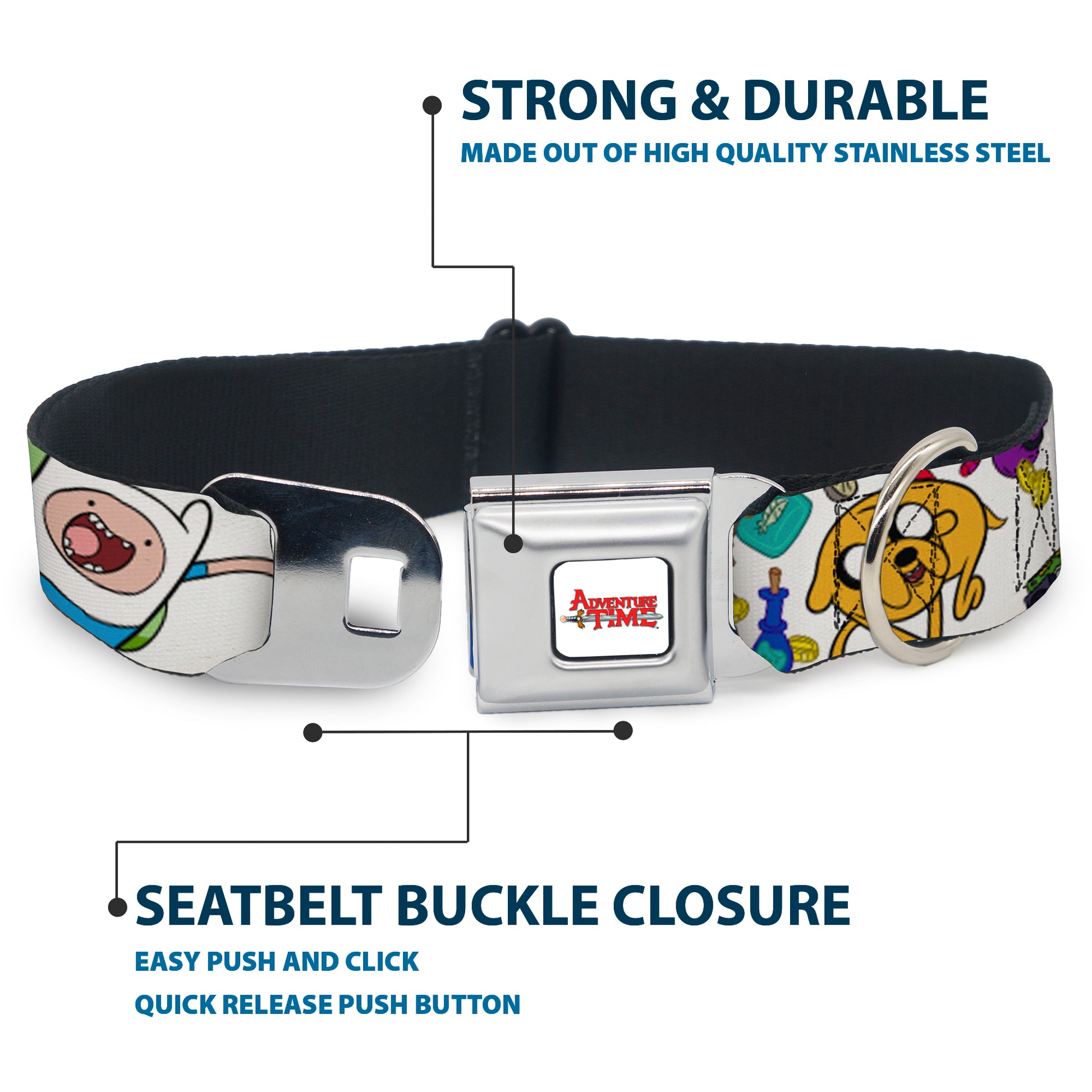 ADVENTURE TIME Title Logo Full Color White Seatbelt Buckle Collar - Adventure Time Jake and Finn Open Pack Pose White Seatbelt Buckle Collars Adventure Time