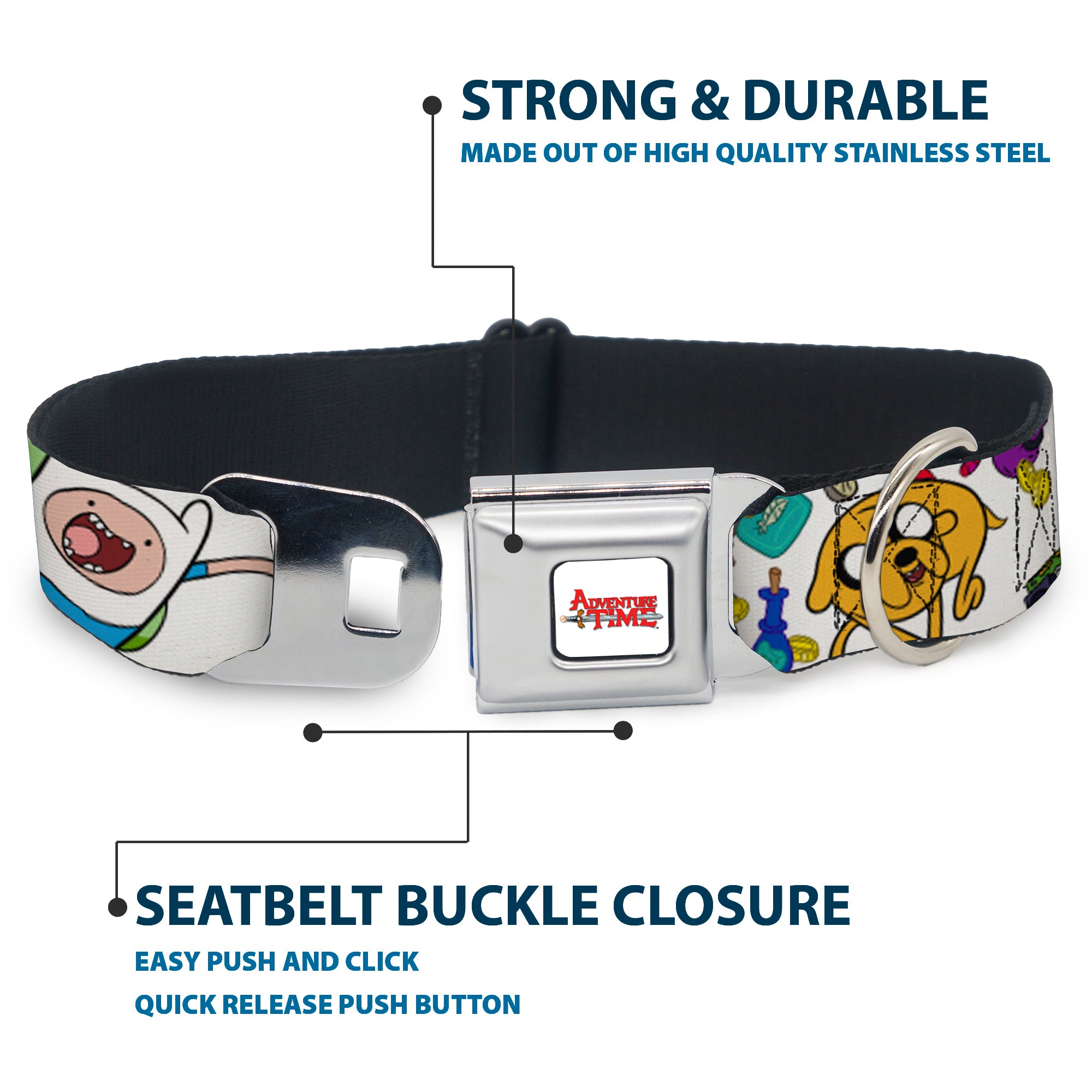 ADVENTURE TIME Title Logo Full Color White Seatbelt Buckle Collar - Adventure Time Jake and Finn Open Pack Pose White Seatbelt Buckle Collars Adventure Time