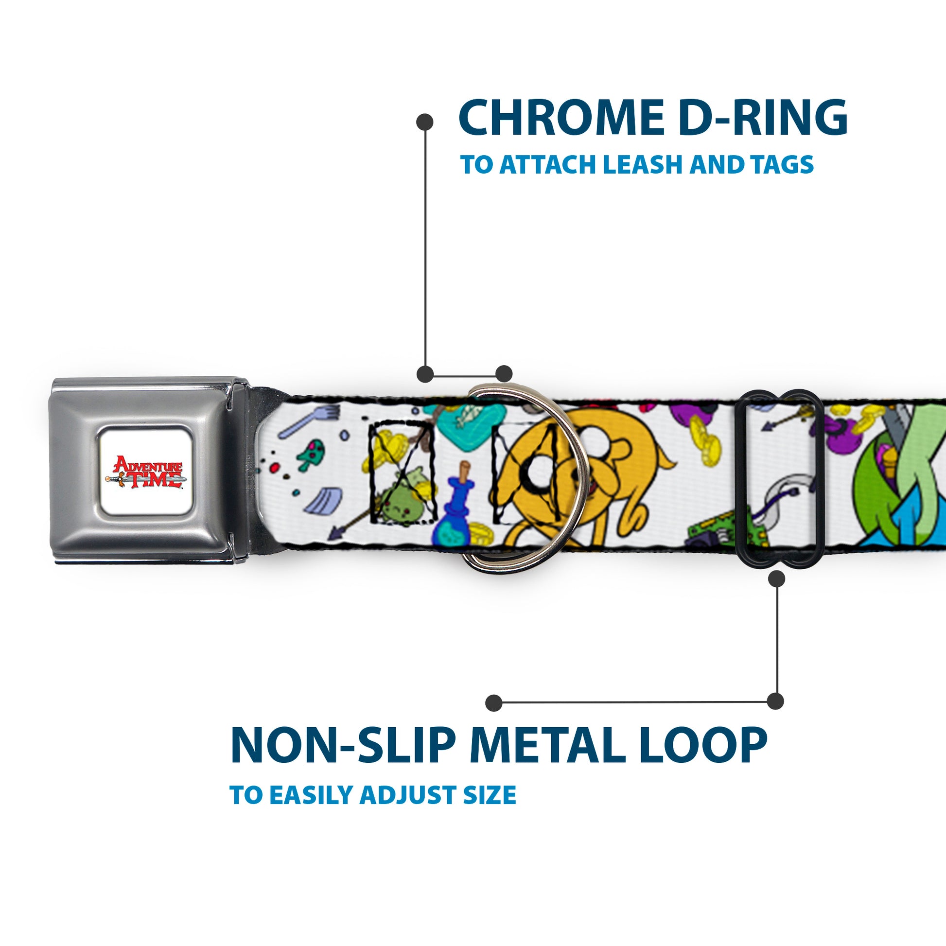 ADVENTURE TIME Title Logo Full Color White Seatbelt Buckle Collar - Adventure Time Jake and Finn Open Pack Pose White Seatbelt Buckle Collars Adventure Time