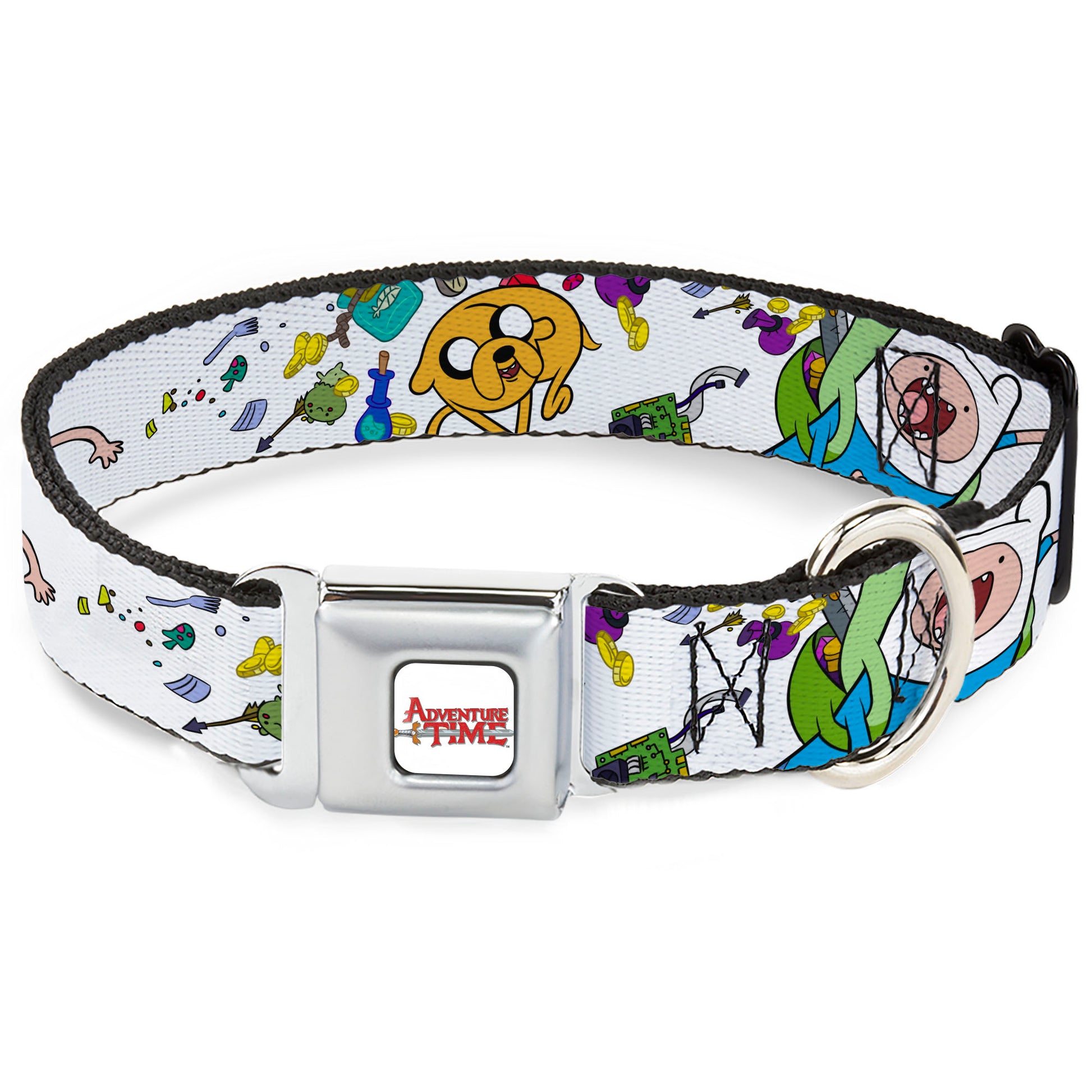 ADVENTURE TIME Title Logo Full Color White Seatbelt Buckle Collar - Adventure Time Jake and Finn Open Pack Pose White Seatbelt Buckle Collars Adventure Time