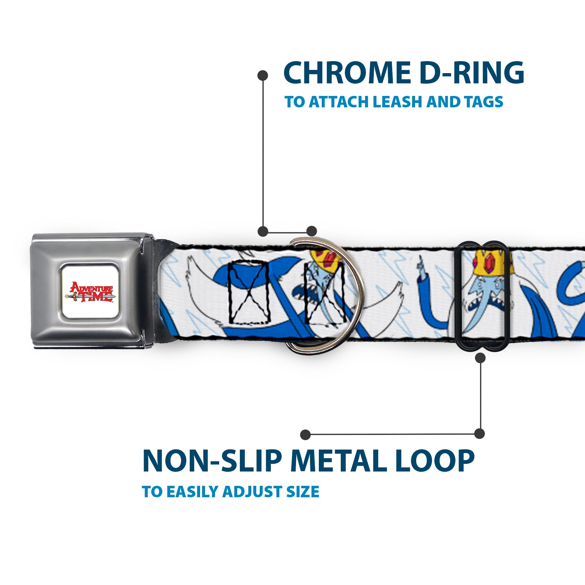 ADVENTURE TIME Title Logo Full Color White Seatbelt Buckle Collar - Adventure Time Ice King Poses and Bolts White/Blue Seatbelt Buckle Collars Adventure Time