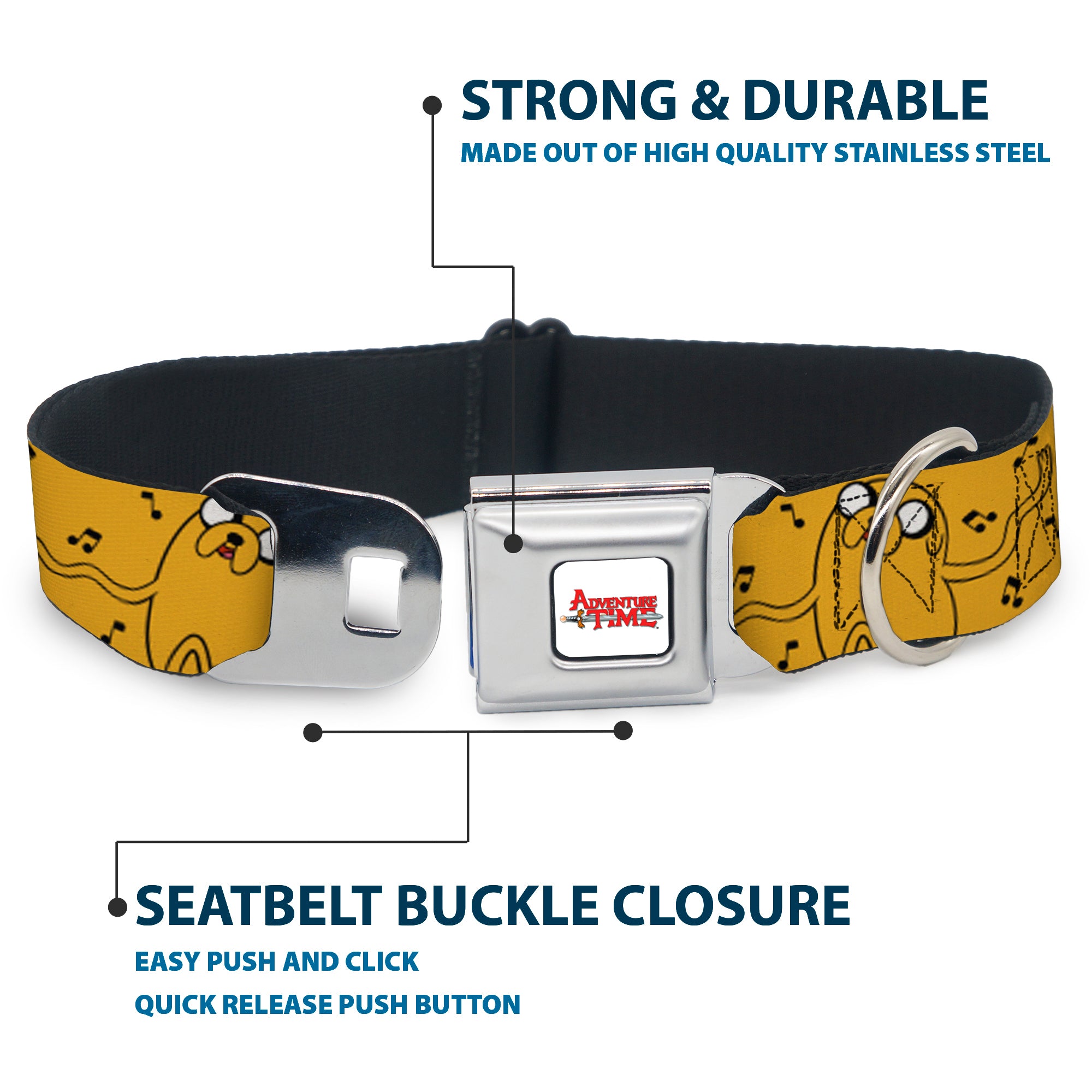 ADVENTURE TIME Title Logo Full Color White Seatbelt Buckle Collar - Adventure Time Jake Dancing and Violin Poses Yellow Seatbelt Buckle Collars Adventure Time
