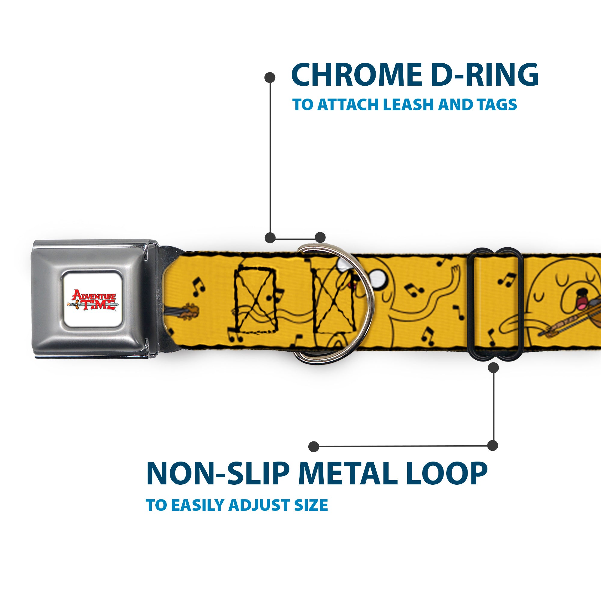 ADVENTURE TIME Title Logo Full Color White Seatbelt Buckle Collar - Adventure Time Jake Dancing and Violin Poses Yellow Seatbelt Buckle Collars Adventure Time