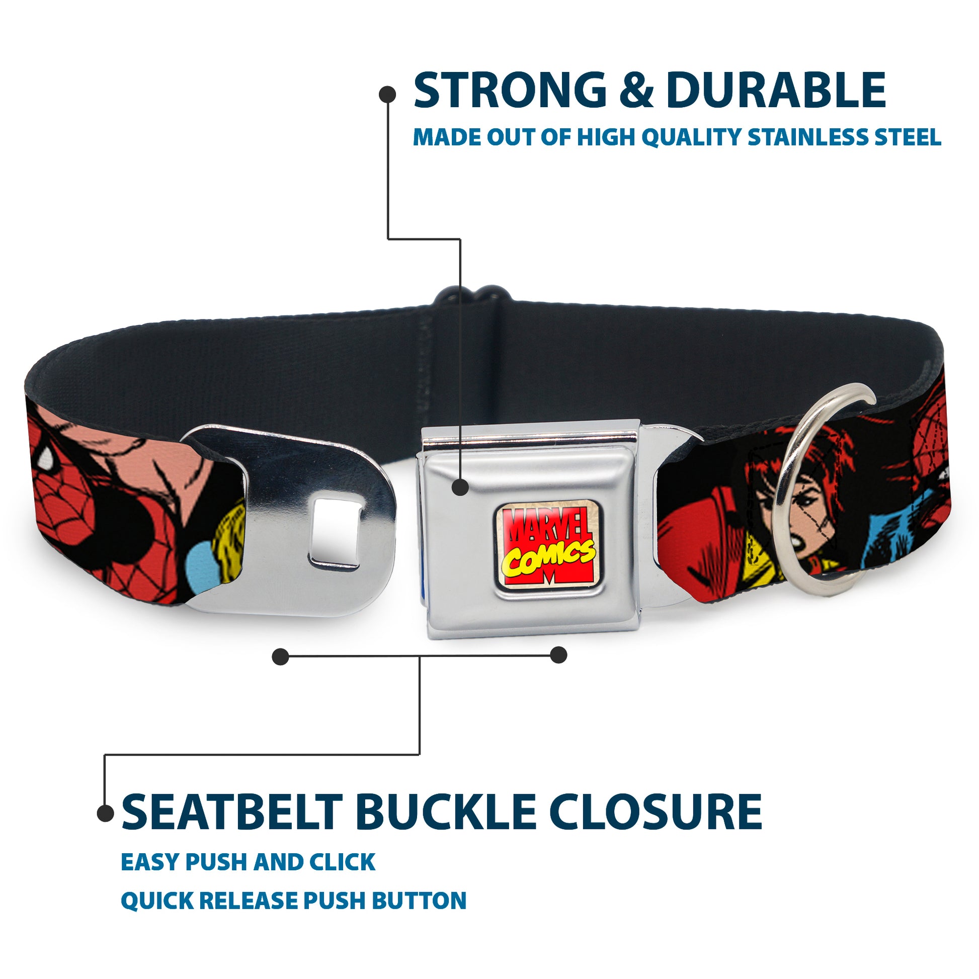 MARVEL COMICS Marvel Comics Logo Full Color Seatbelt Buckle Collar - 5-Marvel Characters Black Seatbelt Buckle Collars Marvel Comics