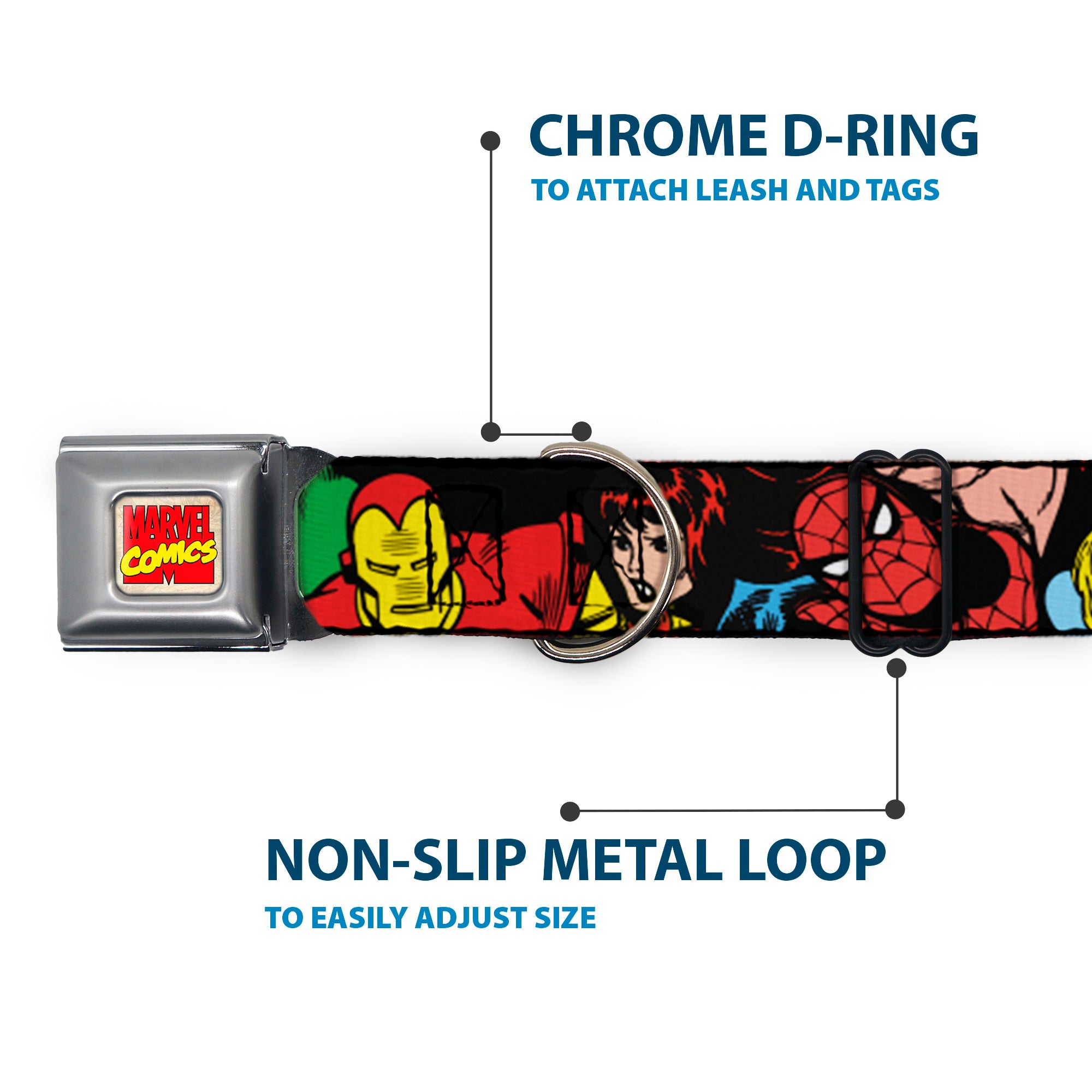 MARVEL COMICS Marvel Comics Logo Full Color Seatbelt Buckle Collar - 5-Marvel Characters Black Seatbelt Buckle Collars Marvel Comics