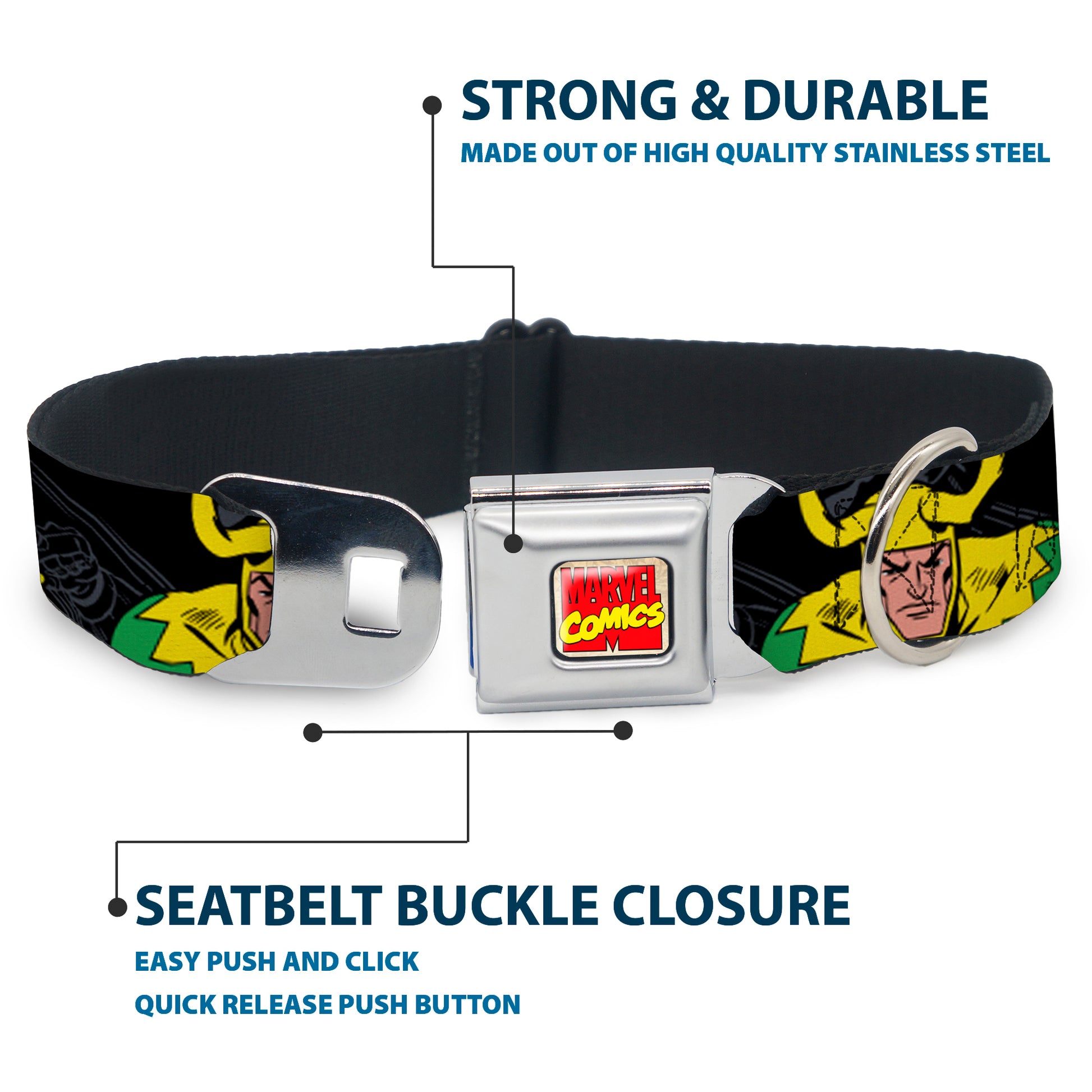 MARVEL COMICS Marvel Comics Logo Full Color Seatbelt Buckle Collar - LOKI in Action Black/Gray/Yellow/Green Seatbelt Buckle Collars Marvel Comics