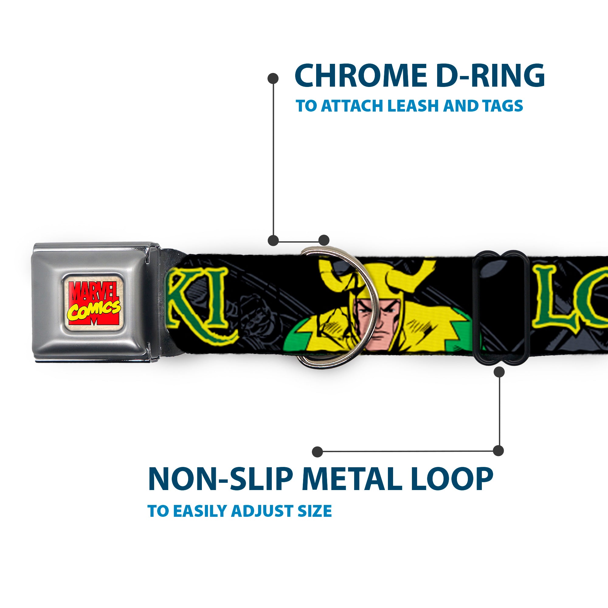 MARVEL COMICS Marvel Comics Logo Full Color Seatbelt Buckle Collar - LOKI in Action Black/Gray/Yellow/Green Seatbelt Buckle Collars Marvel Comics