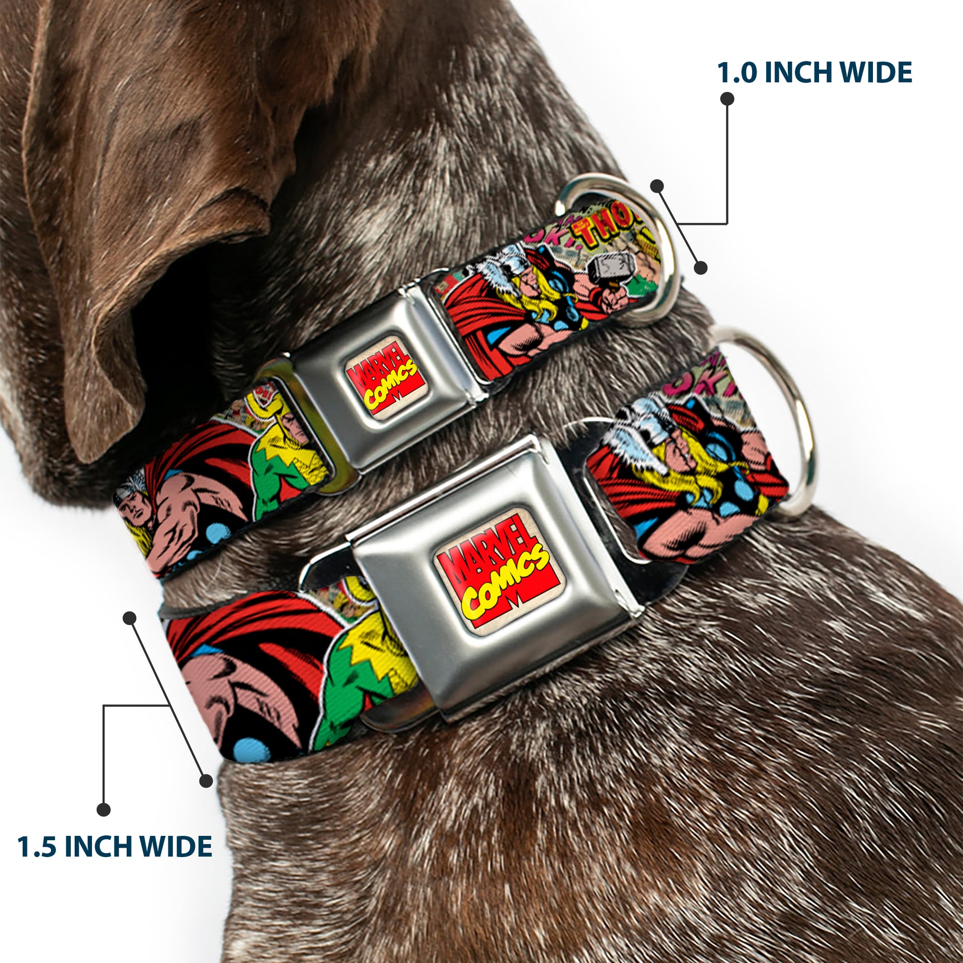 MARVEL COMICS Marvel Comics Logo Full Color Seatbelt Buckle Collar - Thor & Loki Poses/Retro Comic Books Stacked Seatbelt Buckle Collars Marvel Comics