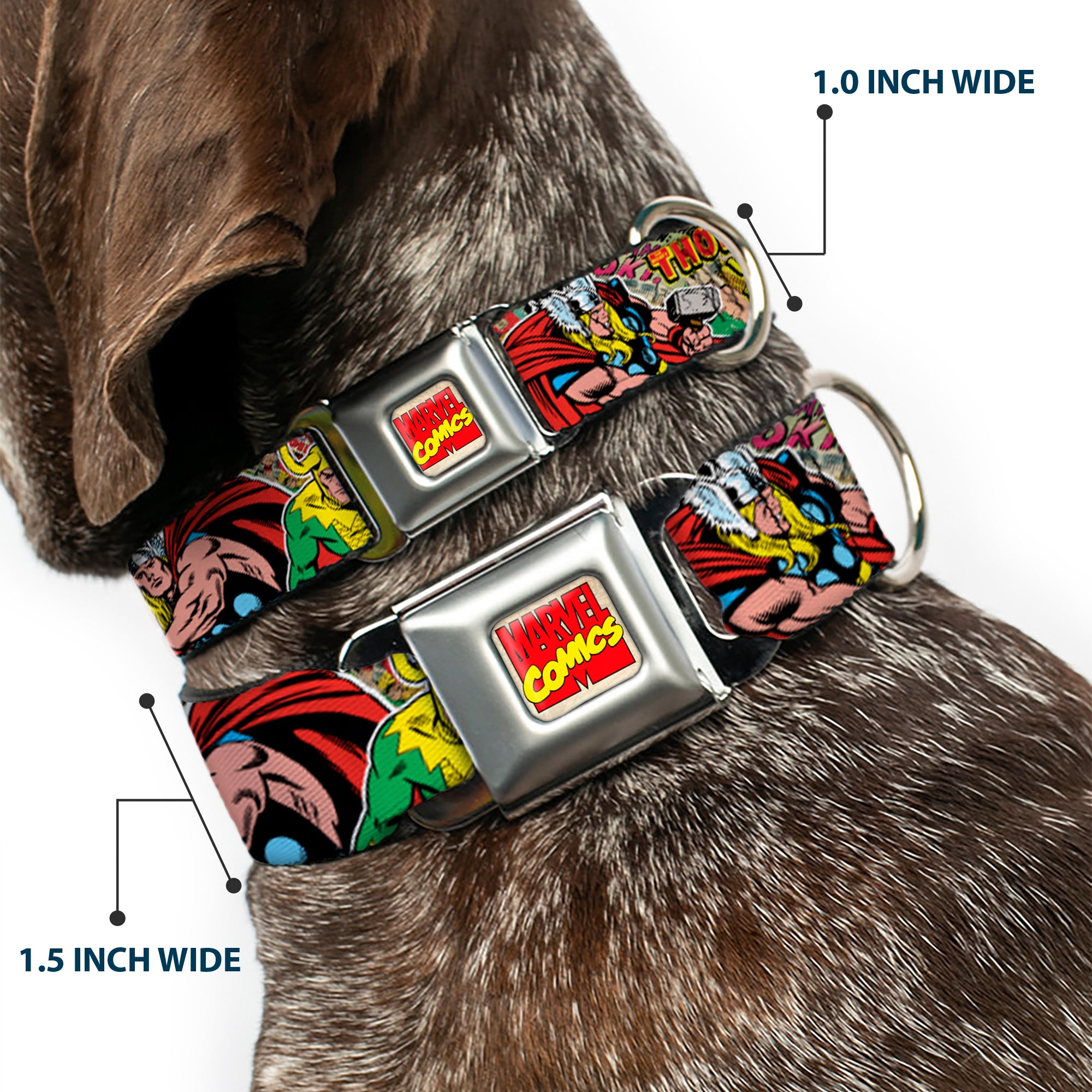 MARVEL COMICS Marvel Comics Logo Full Color Seatbelt Buckle Collar - Thor & Loki Poses/Retro Comic Books Stacked Seatbelt Buckle Collars Marvel Comics
