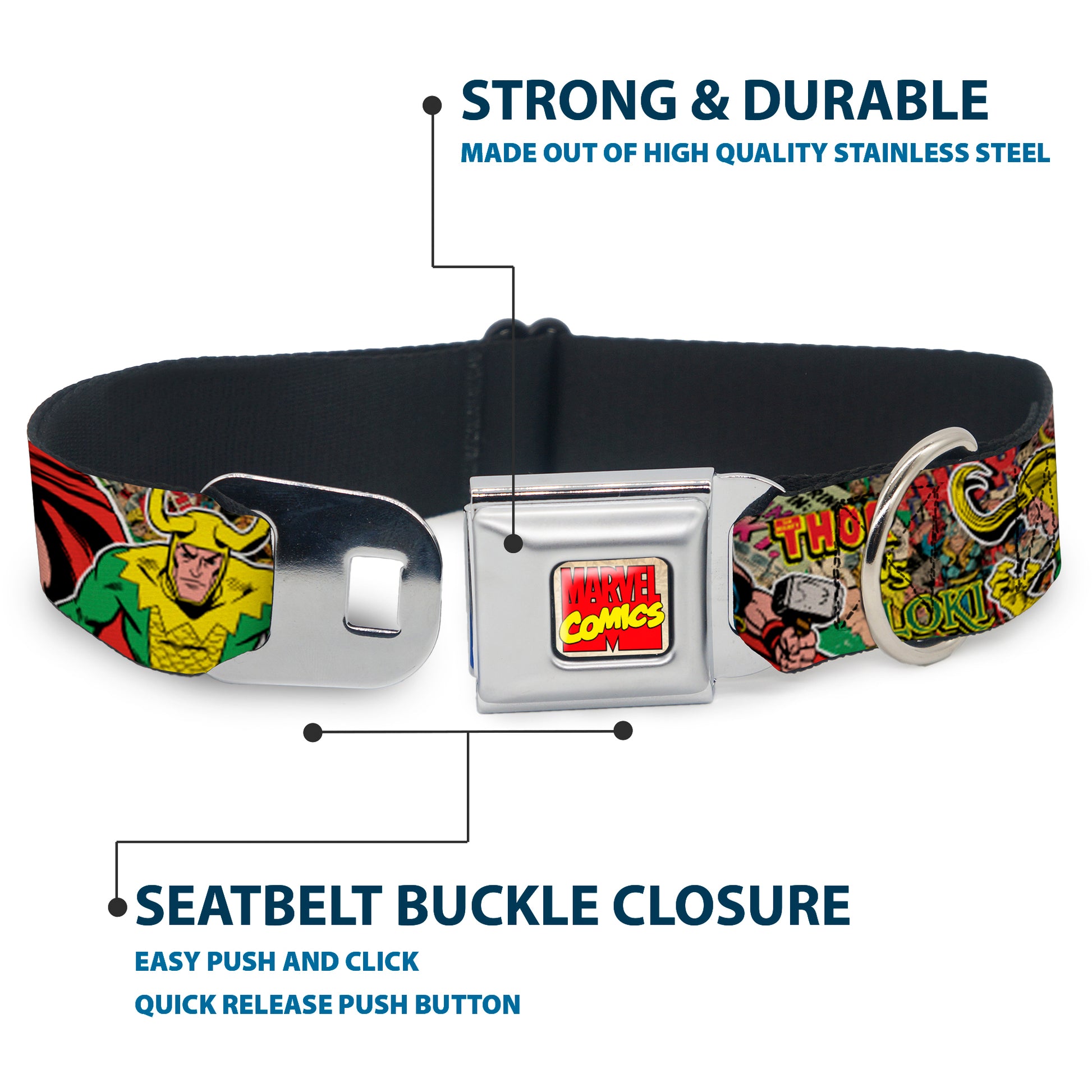 MARVEL COMICS Marvel Comics Logo Full Color Seatbelt Buckle Collar - Thor & Loki Poses/Retro Comic Books Stacked Seatbelt Buckle Collars Marvel Comics