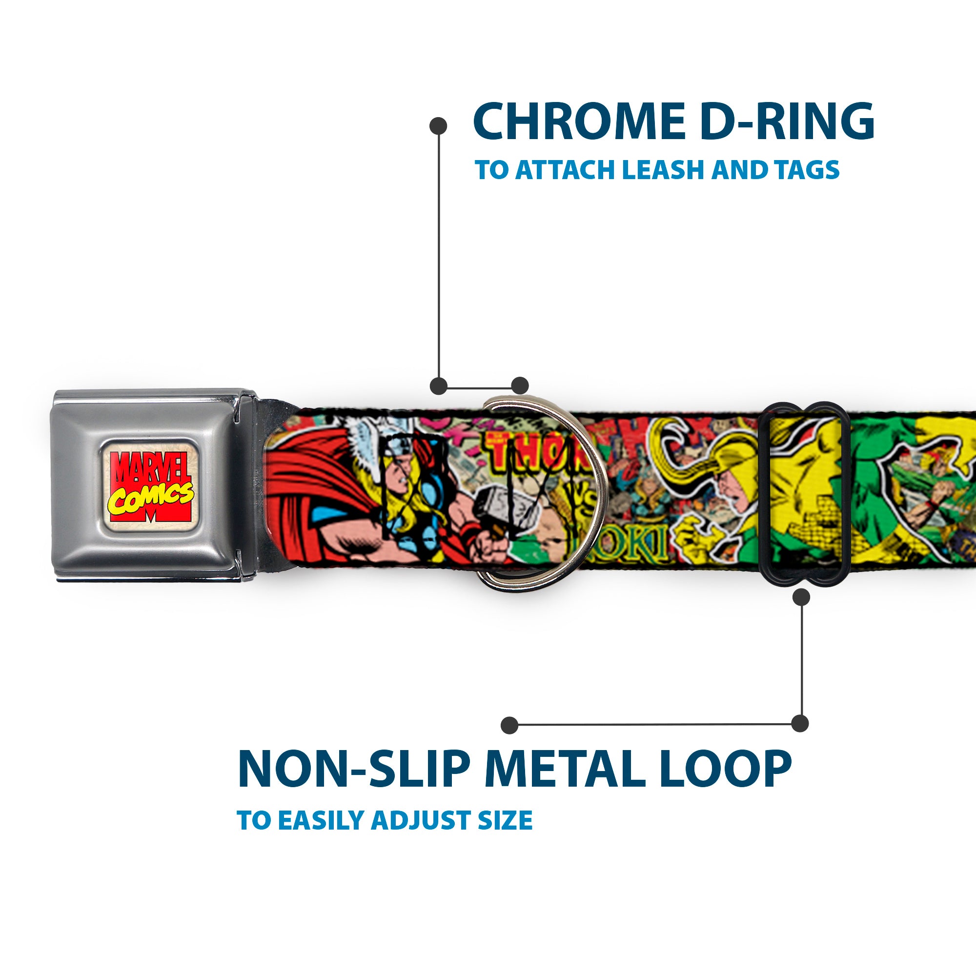 MARVEL COMICS Marvel Comics Logo Full Color Seatbelt Buckle Collar - Thor & Loki Poses/Retro Comic Books Stacked Seatbelt Buckle Collars Marvel Comics