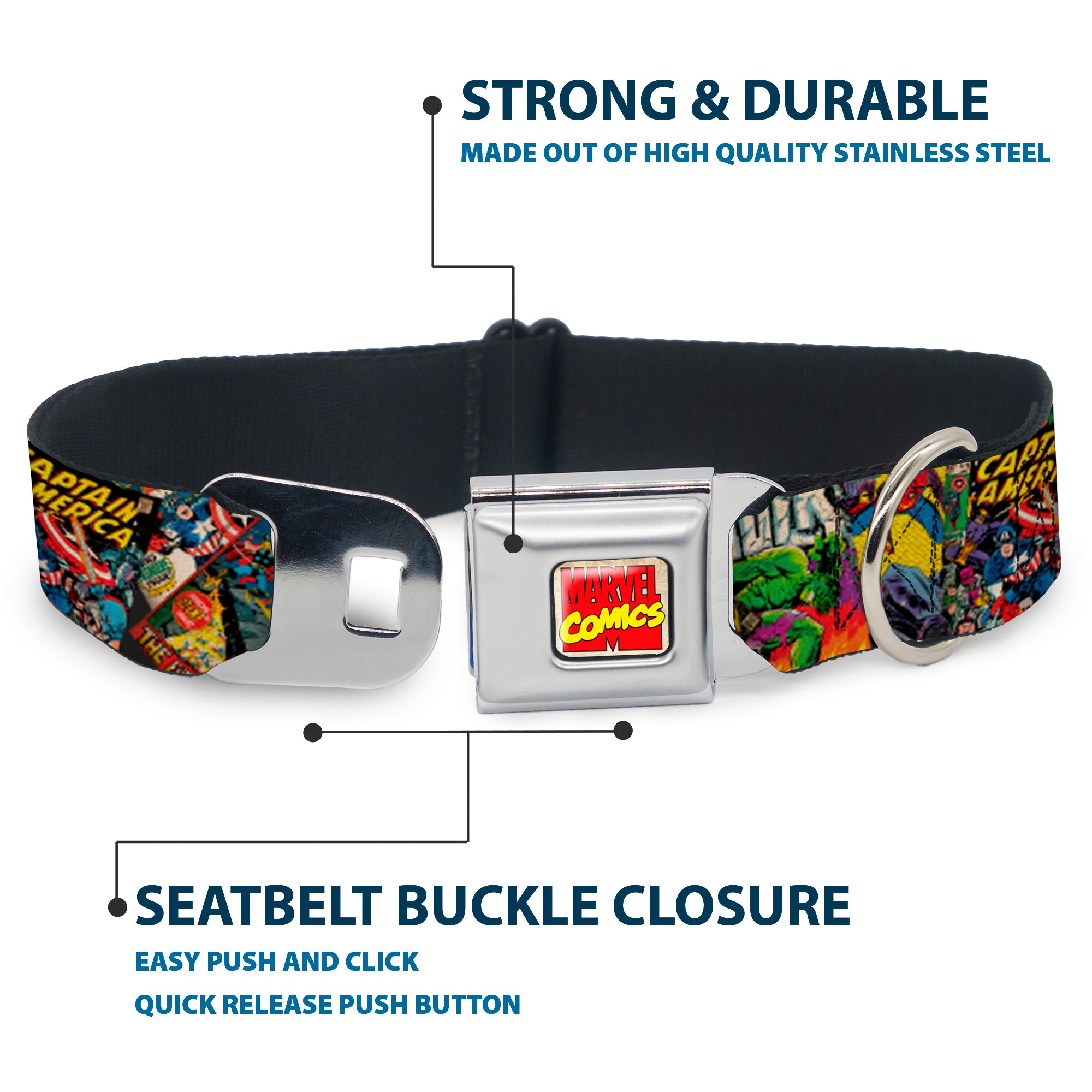 MARVEL COMICS Marvel Comics Logo Full Color Seatbelt Buckle Collar - Retro Marvel Comic Books Stacked CLOSE-UP Seatbelt Buckle Collars Marvel Comics