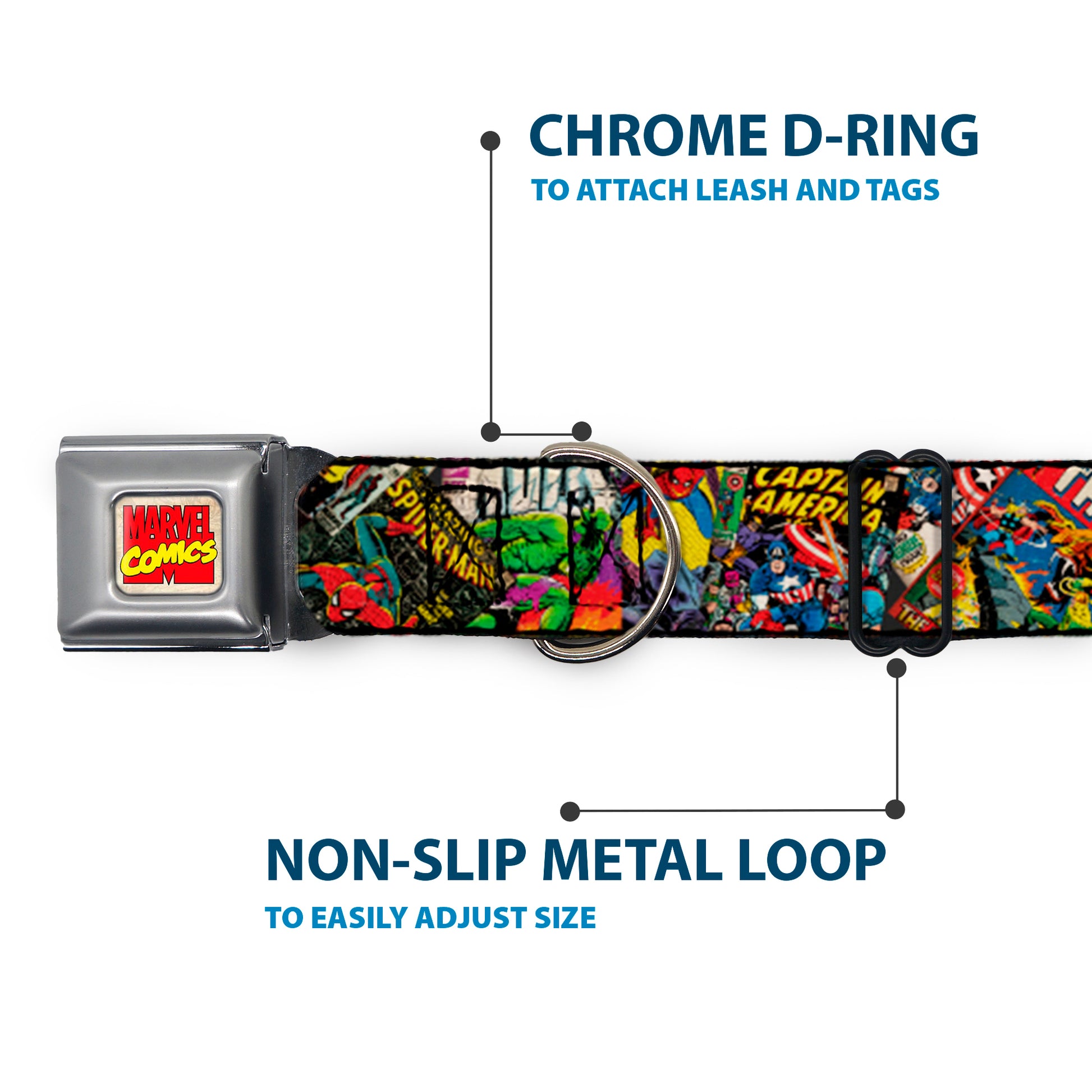 MARVEL COMICS Marvel Comics Logo Full Color Seatbelt Buckle Collar - Retro Marvel Comic Books Stacked CLOSE-UP Seatbelt Buckle Collars Marvel Comics