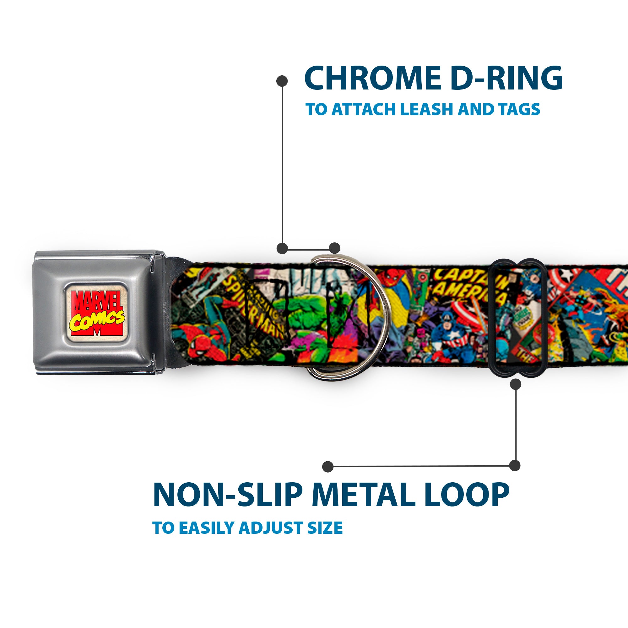 MARVEL COMICS Marvel Comics Logo Full Color Seatbelt Buckle Collar - Retro Marvel Comic Books Stacked CLOSE-UP Seatbelt Buckle Collars Marvel Comics