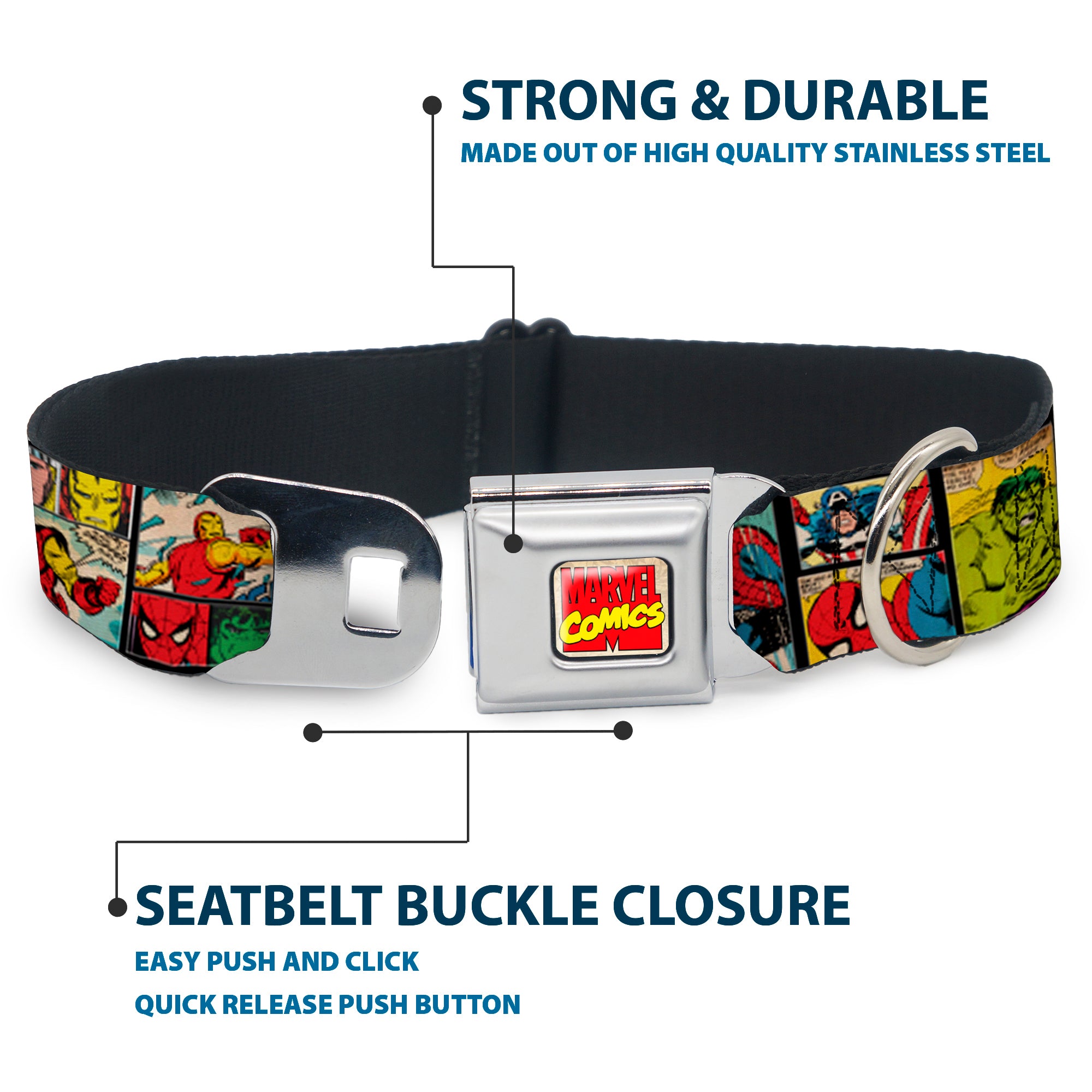 MARVEL COMICS Marvel Comics Logo Full Color Seatbelt Buckle Collar - MARVEL/Retro Comic Panels Black/Yellow Seatbelt Buckle Collars Marvel Comics