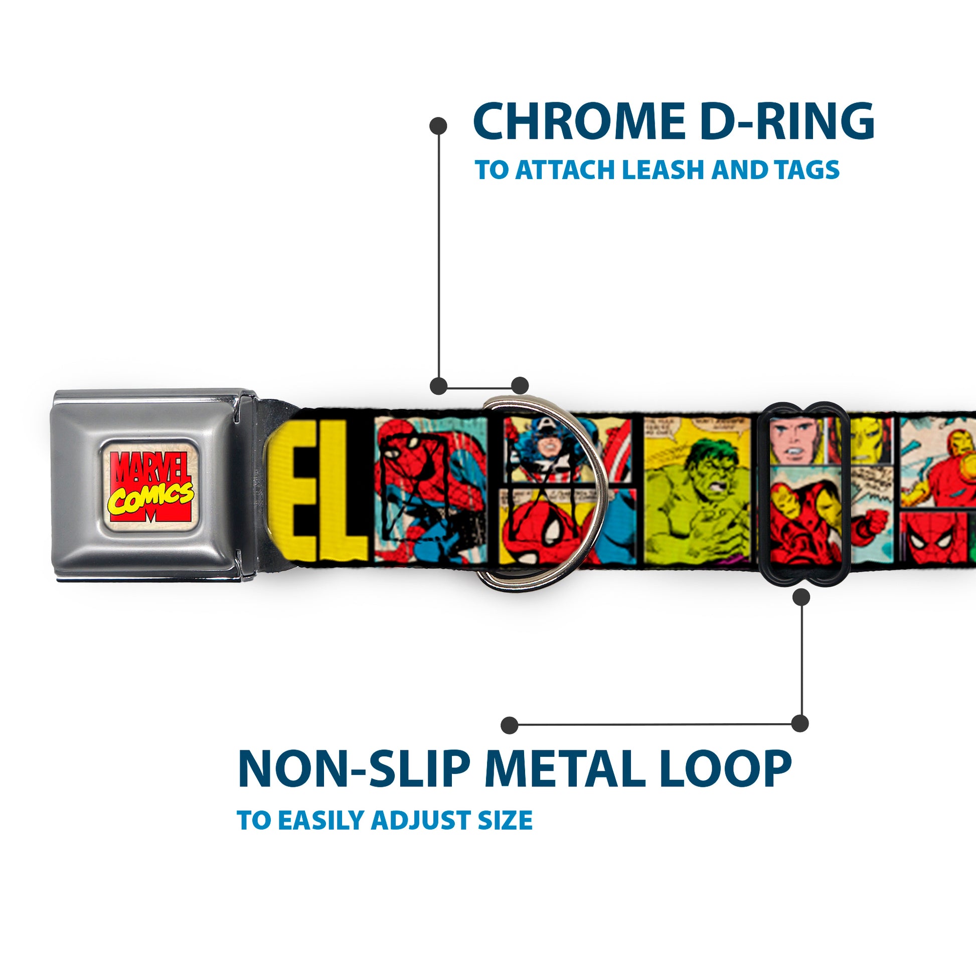 MARVEL COMICS Marvel Comics Logo Full Color Seatbelt Buckle Collar - MARVEL/Retro Comic Panels Black/Yellow Seatbelt Buckle Collars Marvel Comics