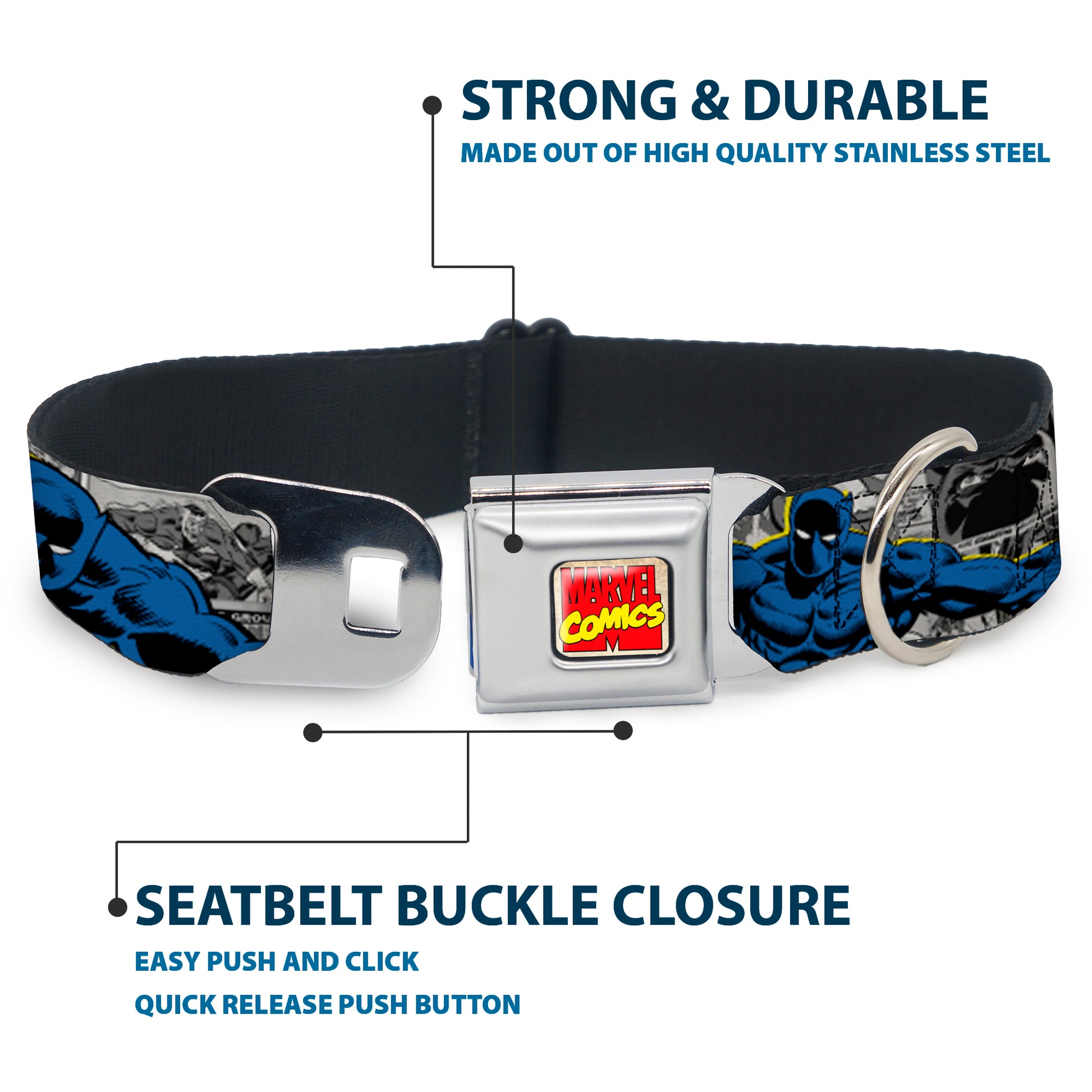 Dog Collar AVA - MARVEL COMICS LOGO FULL COLOR - CLASSIC BLACK PANTHER ACTION POSES/STACKED COMICS Seatbelt Buckle Collars Marvel Comics