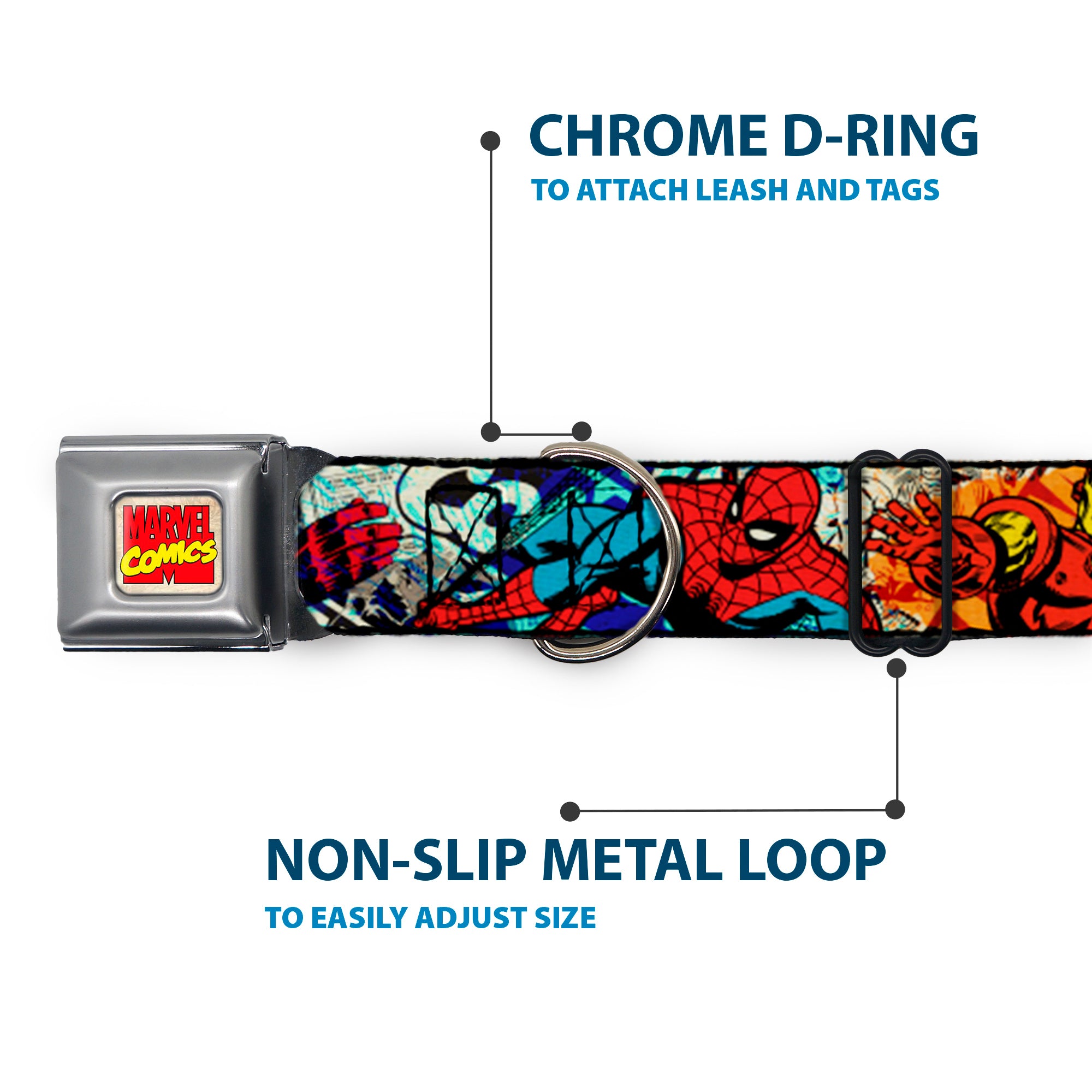 Marvel Comics Logo Full Color Seatbelt Buckle Collar - 4-Superhero Action Poses/Comic Scenes White/Black/Full Color Splatter Seatbelt Buckle Collars Marvel Comics