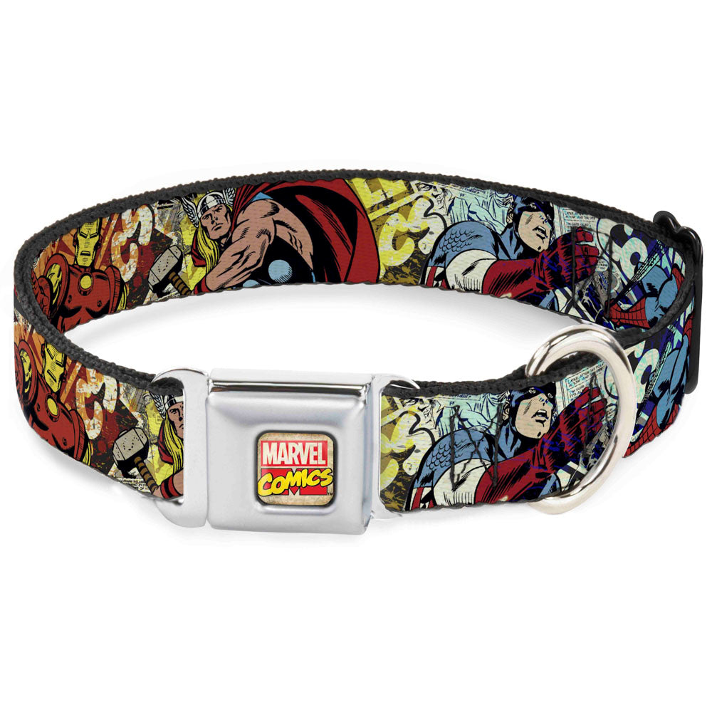 Marvel Comics Logo Full Color Seatbelt Buckle Collar - 4-Superhero Action Poses/Comic Scenes White/Black/Full Color Splatter Seatbelt Buckle Collars Marvel Comics