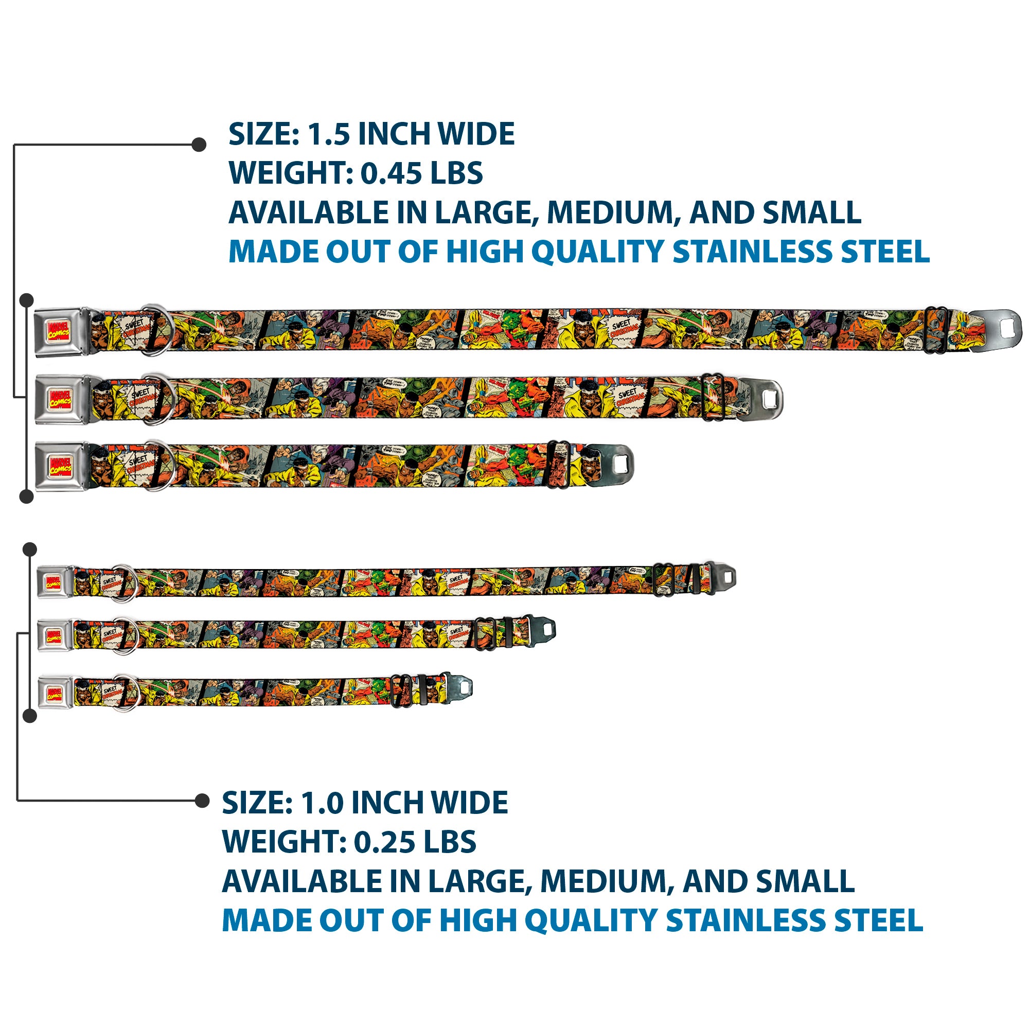 Marvel Comics Logo Full Color Seatbelt Buckle Collar - 5-Classic Luke Cage Comic Scene Blocks Seatbelt Buckle Collars Marvel Comics