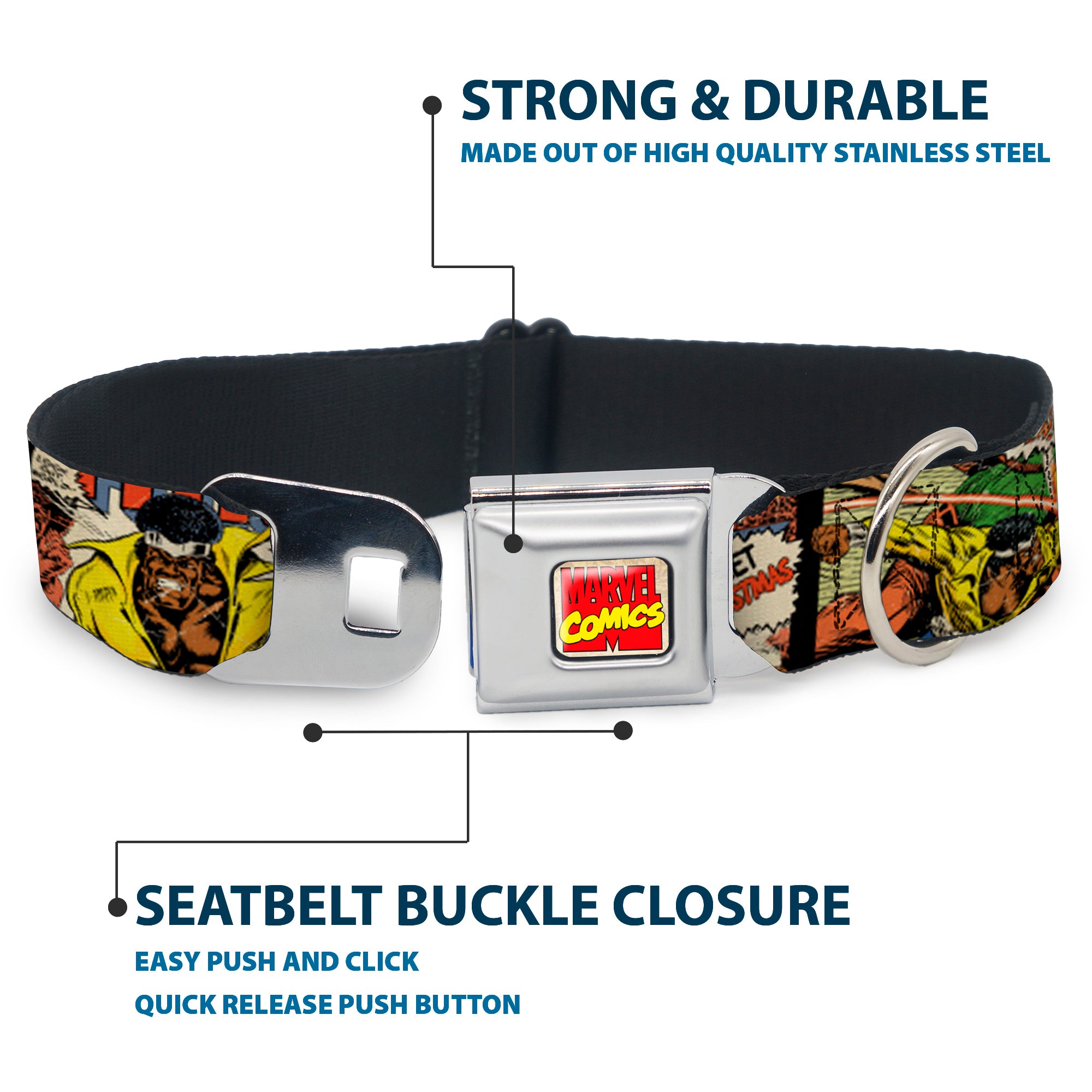 Marvel Comics Logo Full Color Seatbelt Buckle Collar - 5-Classic Luke Cage Comic Scene Blocks Seatbelt Buckle Collars Marvel Comics