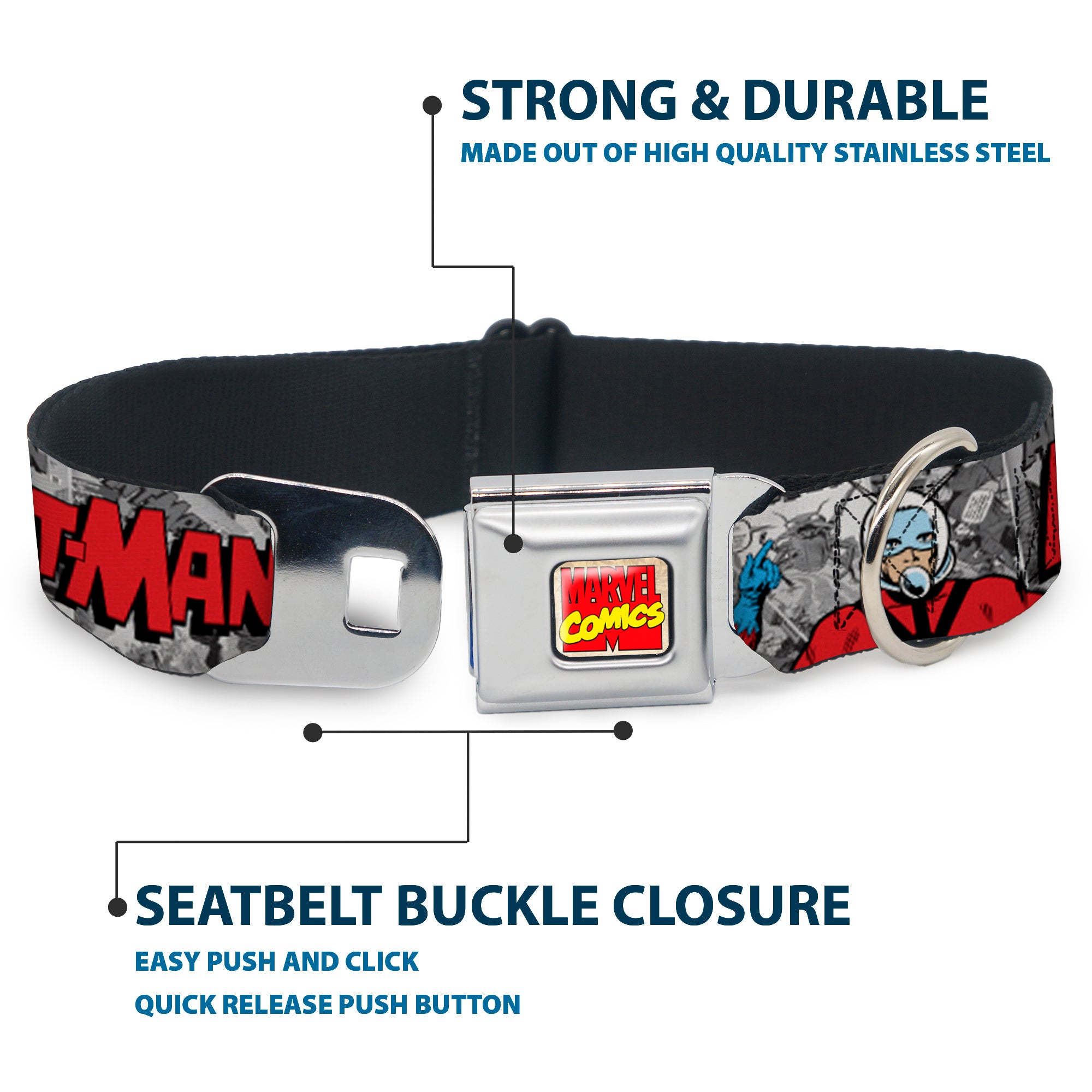 Marvel Comics Logo Full Color Seatbelt Buckle Collar - Classic ANT-MAN 3-Poses/Comic Stacked Grays/Black/Red Seatbelt Buckle Collars Marvel Comics