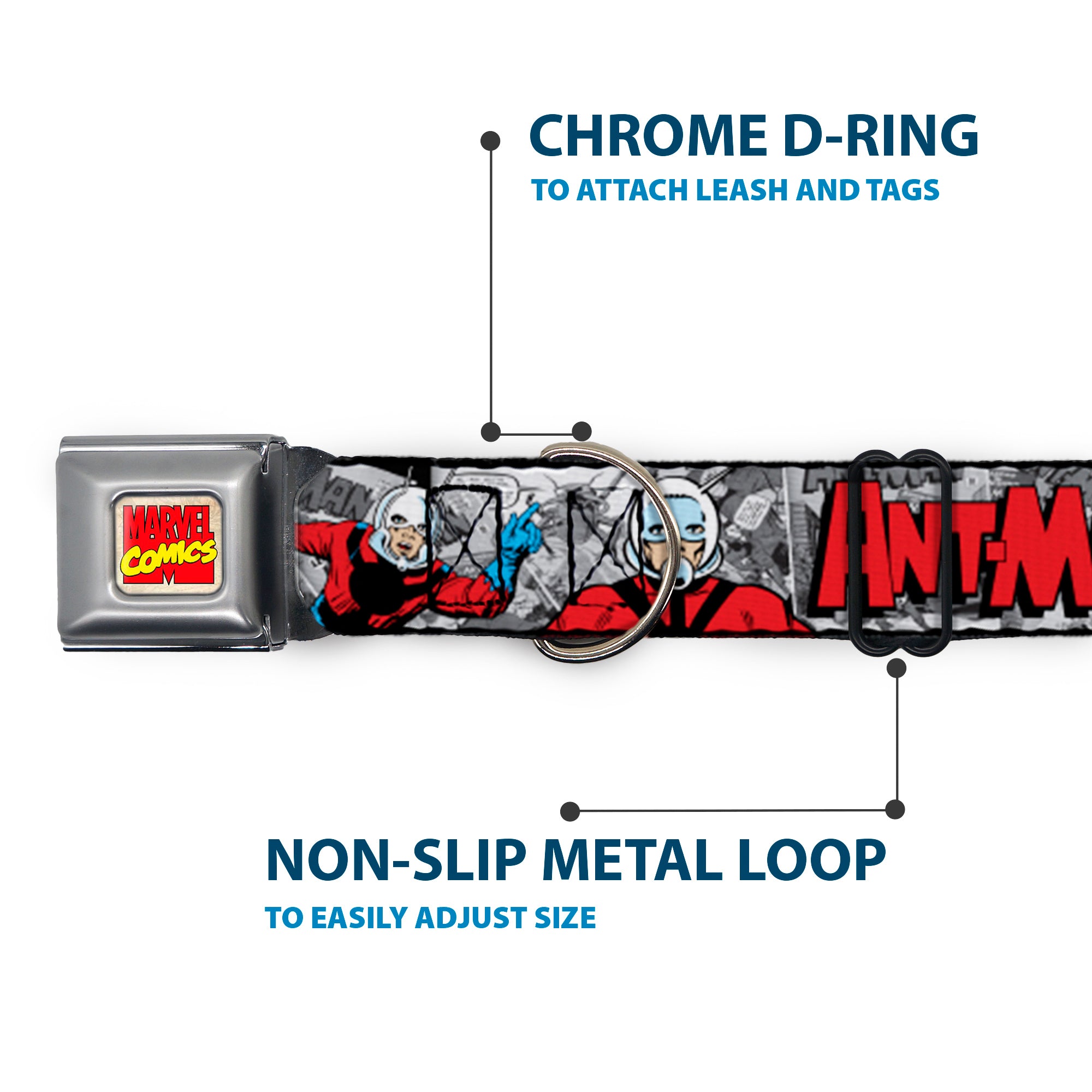 Marvel Comics Logo Full Color Seatbelt Buckle Collar - Classic ANT-MAN 3-Poses/Comic Stacked Grays/Black/Red Seatbelt Buckle Collars Marvel Comics