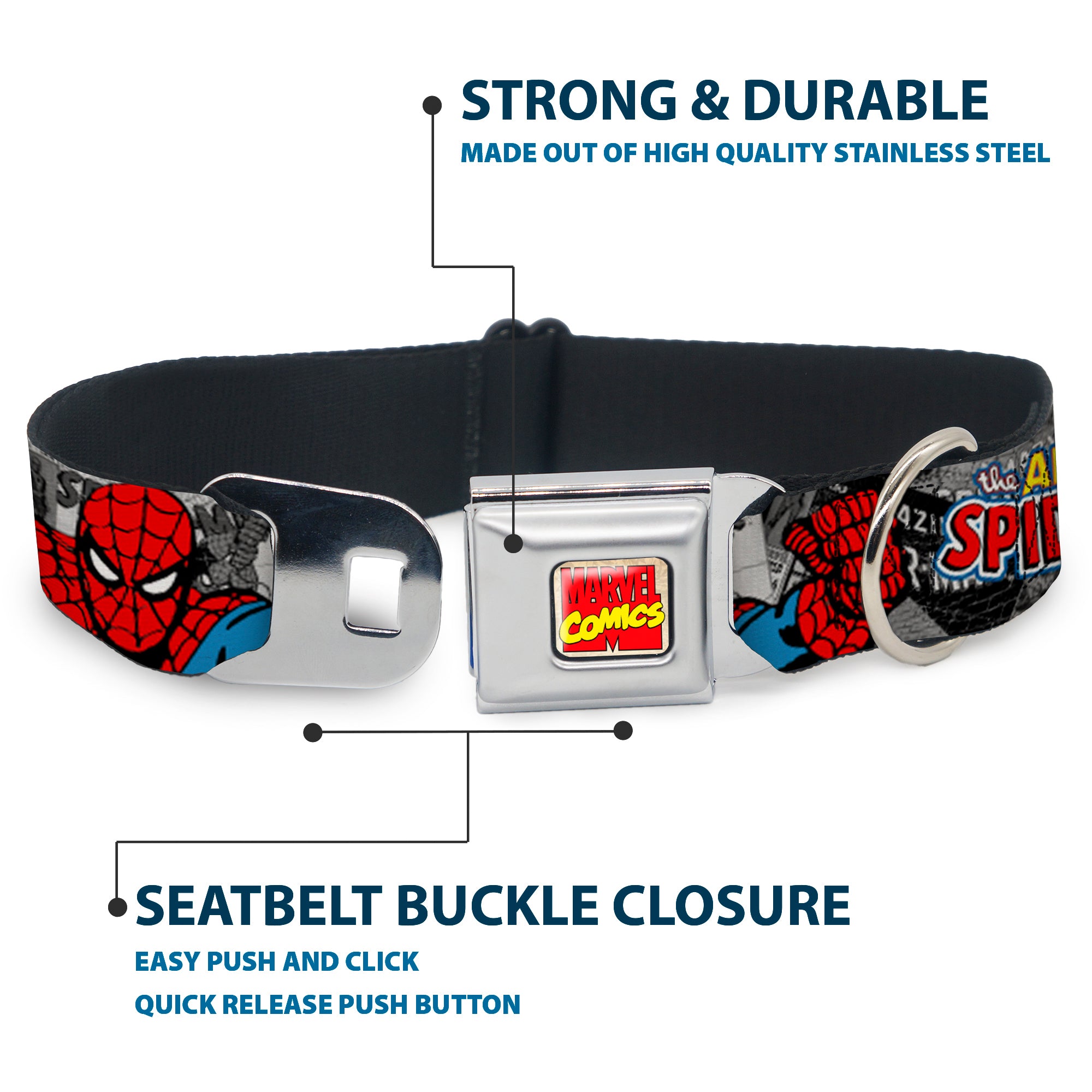 MARVEL COMICS Marvel Comics Logo Full Color Seatbelt Buckle Collar - THE AMAZING SPIDER-MAN Stacked Comic Books/Action Poses Seatbelt Buckle Collars Marvel Comics