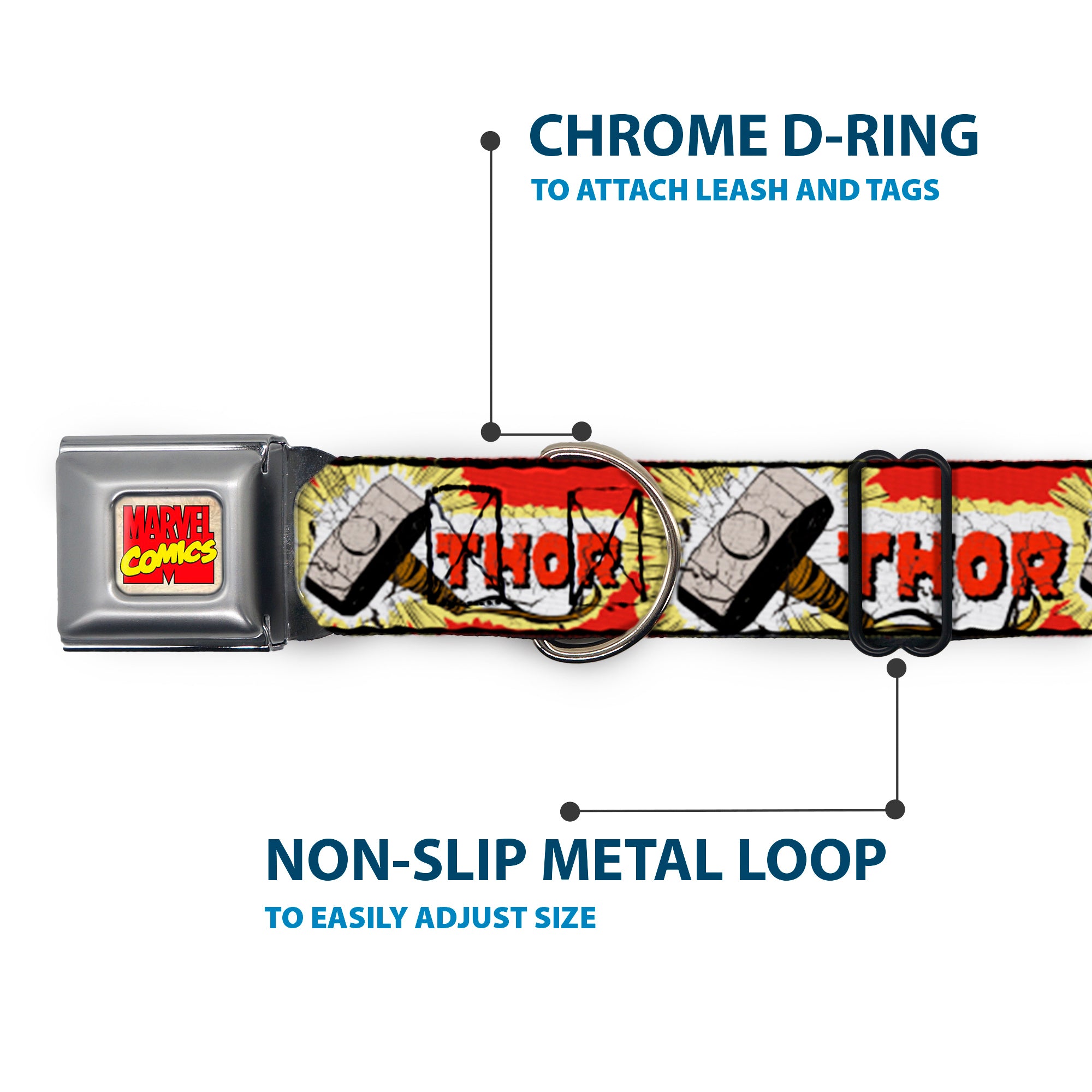 MARVEL COMICS Marvel Comics Logo Full Color Seatbelt Buckle Collar - THOR & Hammer Red/Yellow/White Seatbelt Buckle Collars Marvel Comics