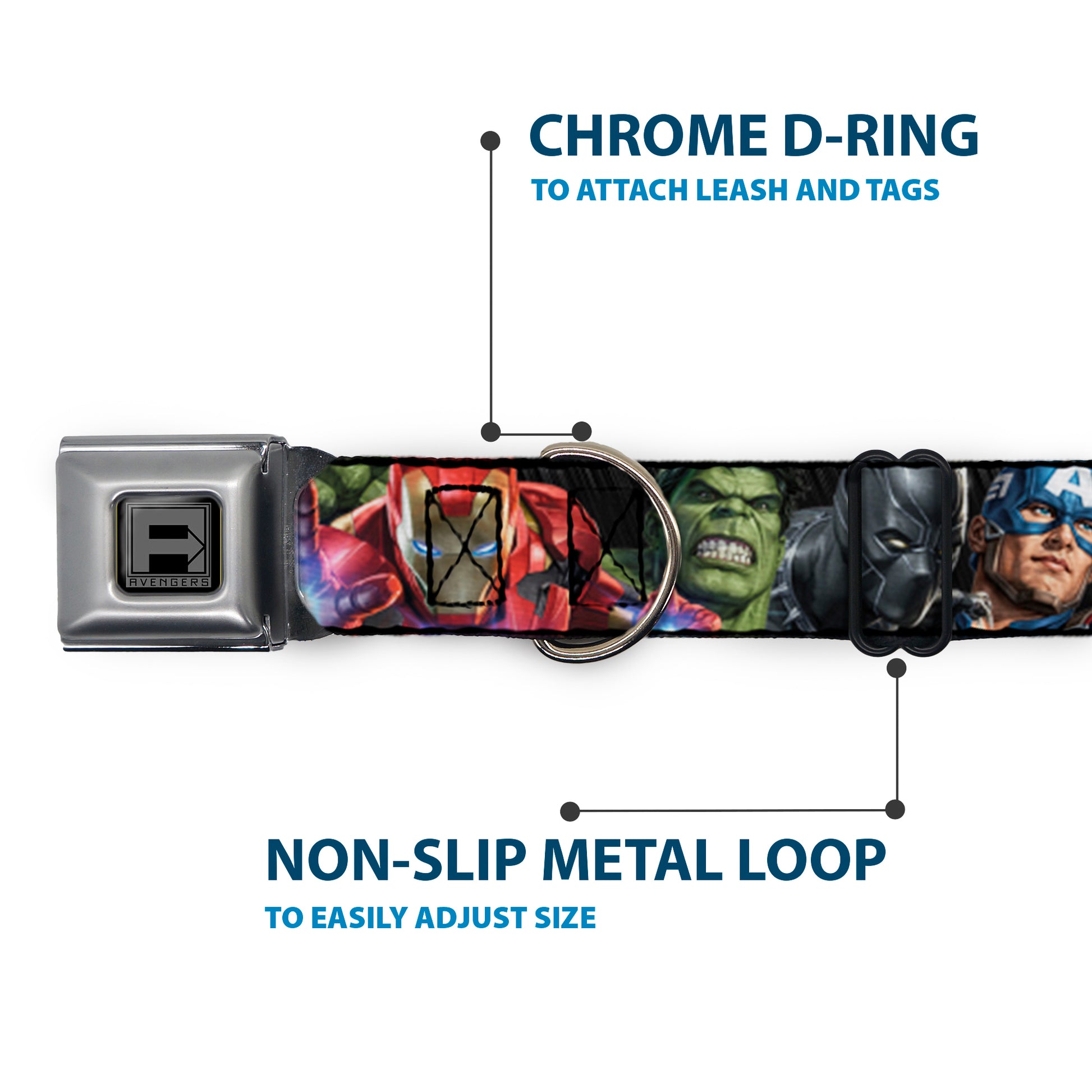 AVENGERS Block Logo Full Color Black/White Seatbelt Buckle Collar - 7-Vivid Avengers Action Poses Seatbelt Buckle Collars Marvel Comics