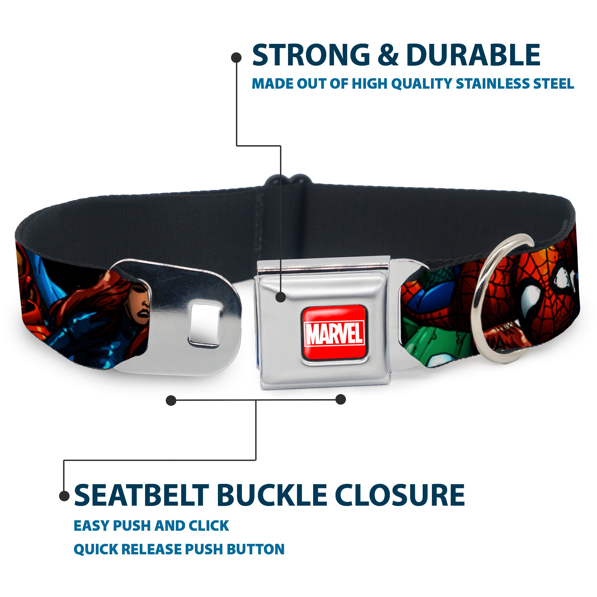 MARVEL Full Color Red/White Seatbelt Buckle Collar - Marvel Universe Superheroes Stacked Seatbelt Buckle Collars Marvel Comics
