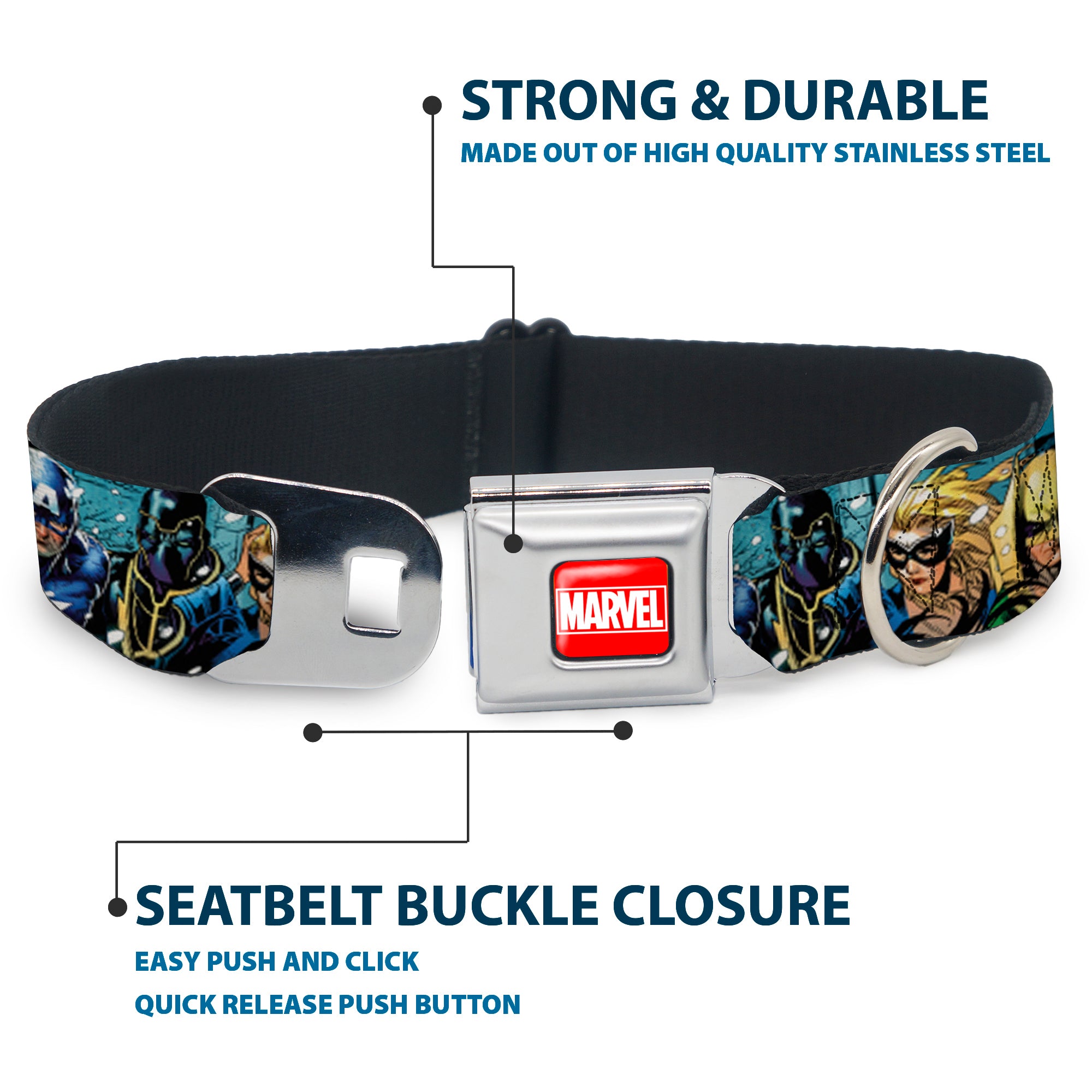 MARVEL UNIVERSE MARVEL Full Color Red White Seatbelt Buckle Collar - New Avengers Group Snow Storm Pose Seatbelt Buckle Collars Marvel Comics
