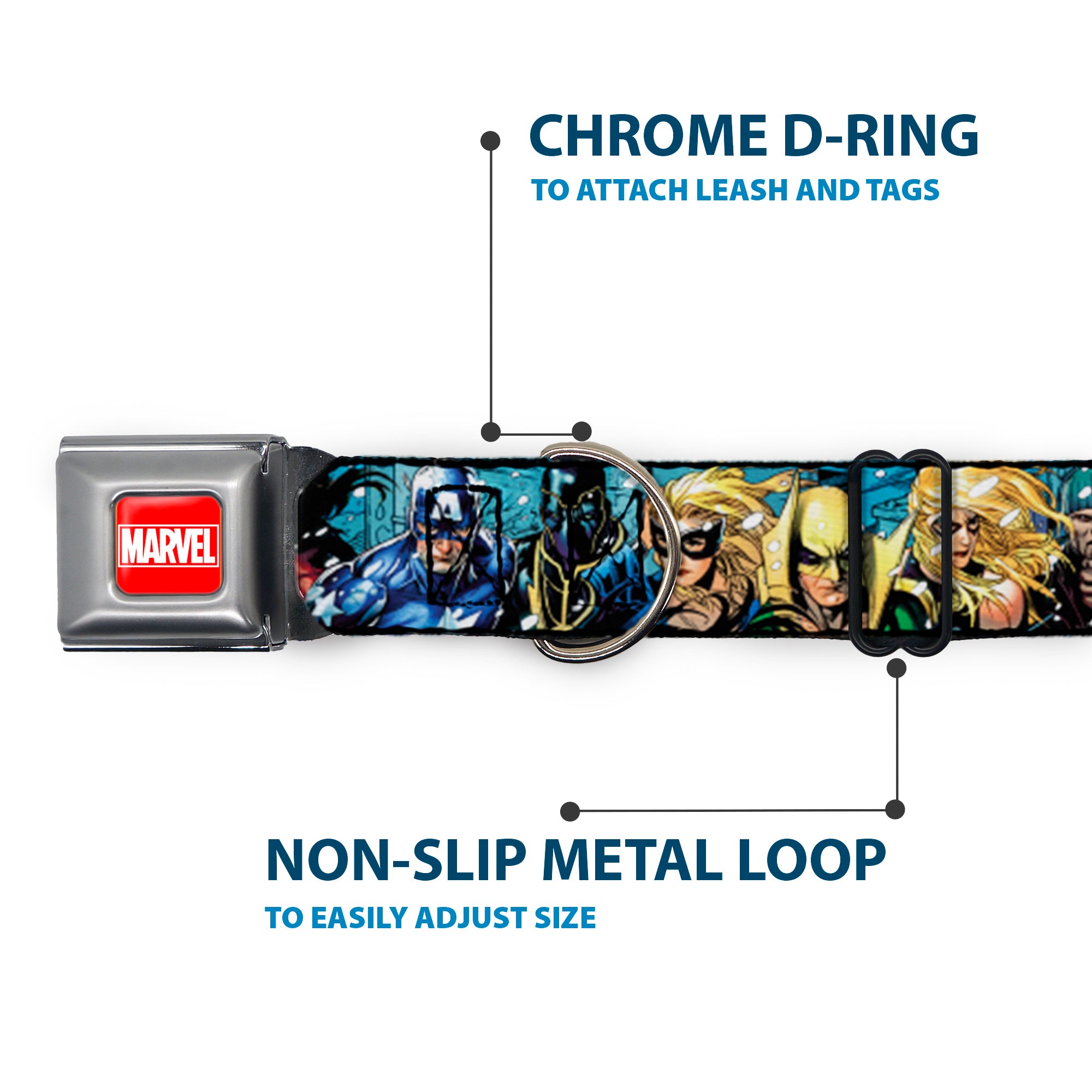 MARVEL UNIVERSE MARVEL Full Color Red White Seatbelt Buckle Collar - New Avengers Group Snow Storm Pose Seatbelt Buckle Collars Marvel Comics