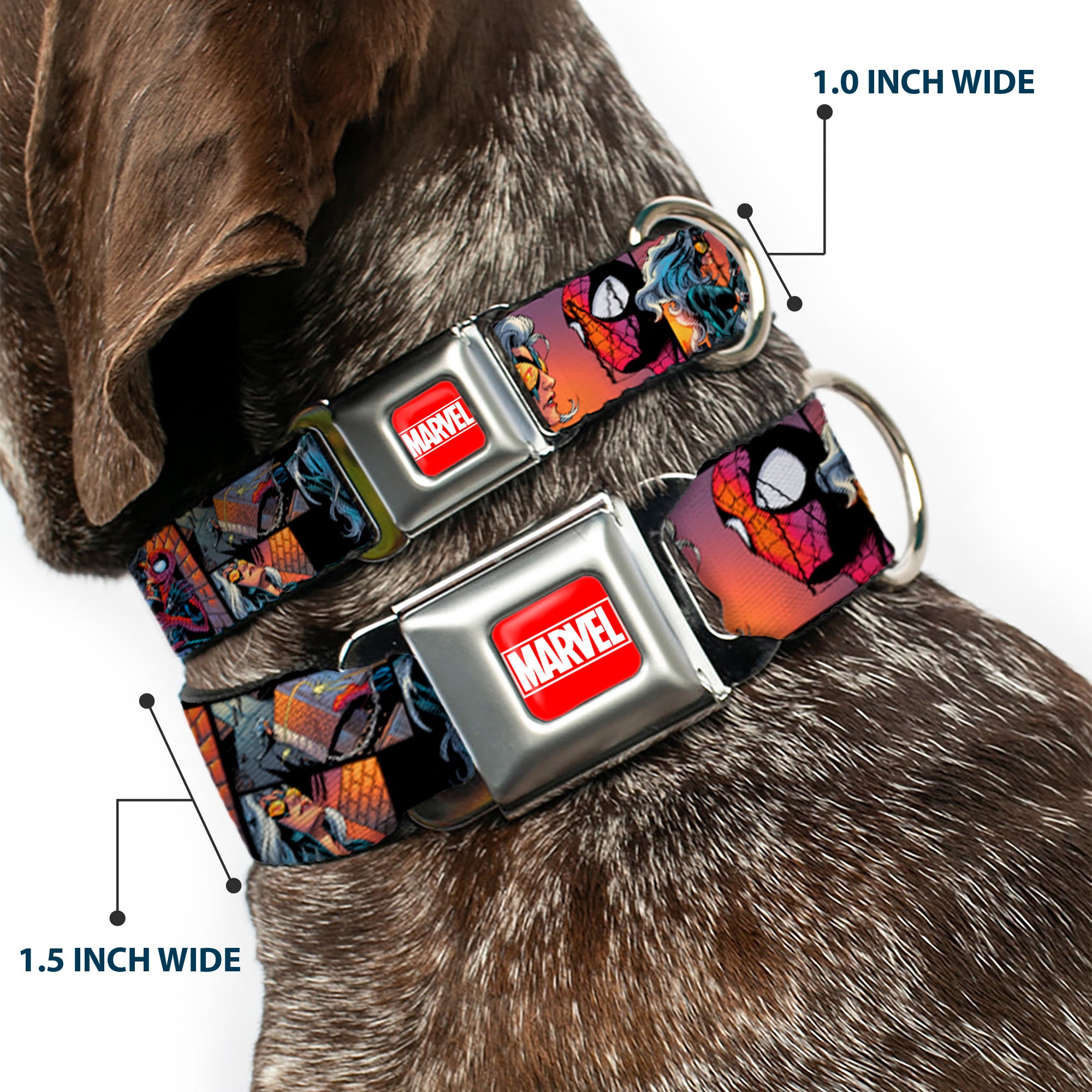 MARVEL UNIVERSE MARVEL Full Color Red White Seatbelt Buckle Collar - Spider-Man & Black Cat Scene Blocks Seatbelt Buckle Collars Marvel Comics