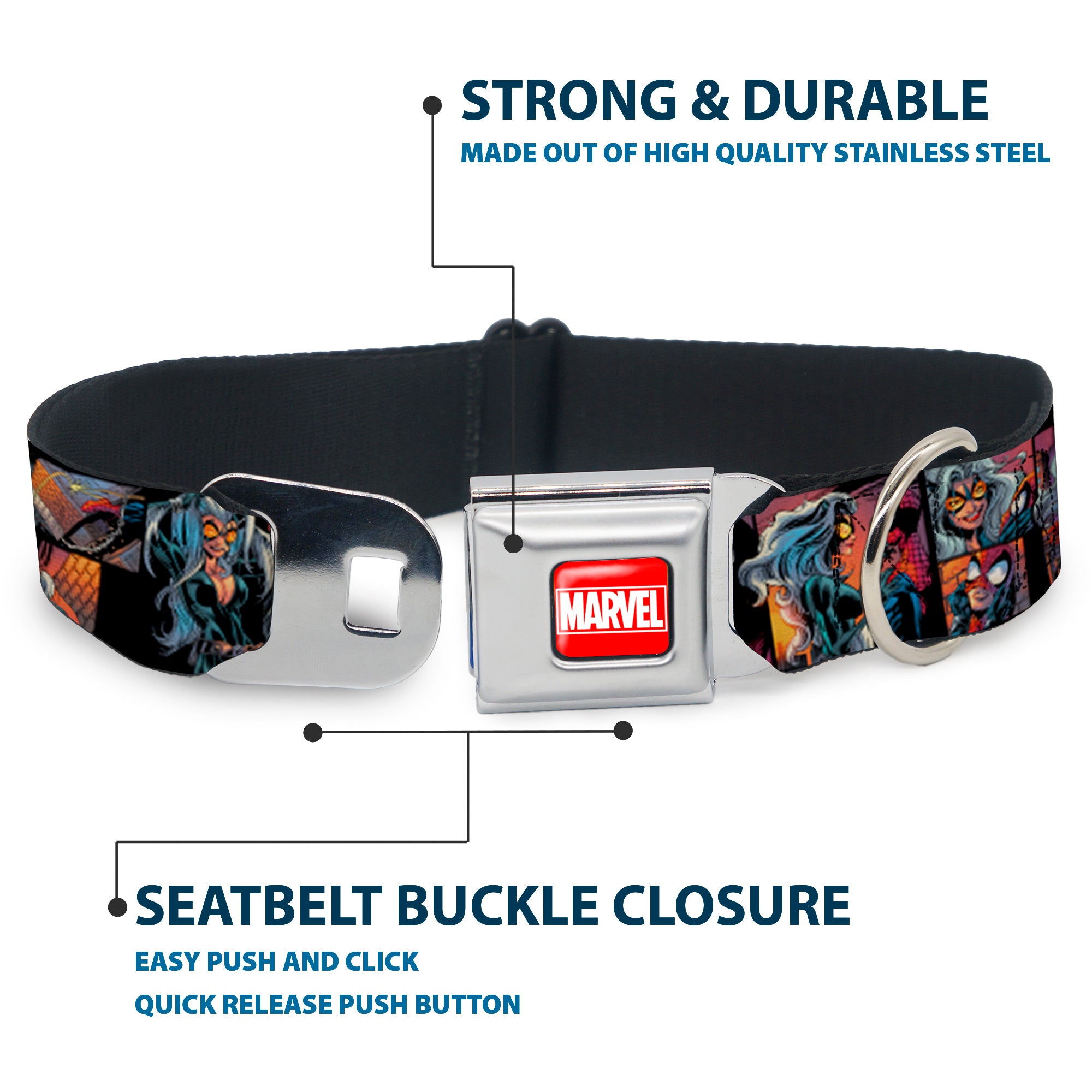 MARVEL UNIVERSE MARVEL Full Color Red White Seatbelt Buckle Collar - Spider-Man & Black Cat Scene Blocks Seatbelt Buckle Collars Marvel Comics