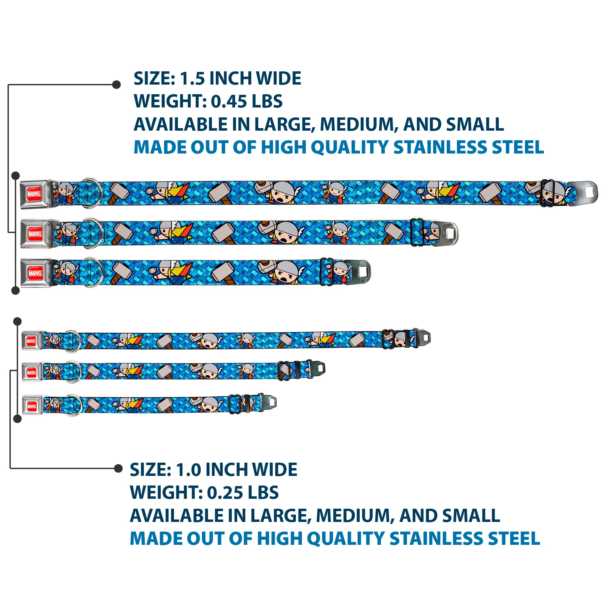 MARVEL UNIVERSE MARVEL Full Color Red White Seatbelt Buckle Collar - Kawaii Thor Poses/Hammer Monogram Blues Seatbelt Buckle Collars Marvel Comics