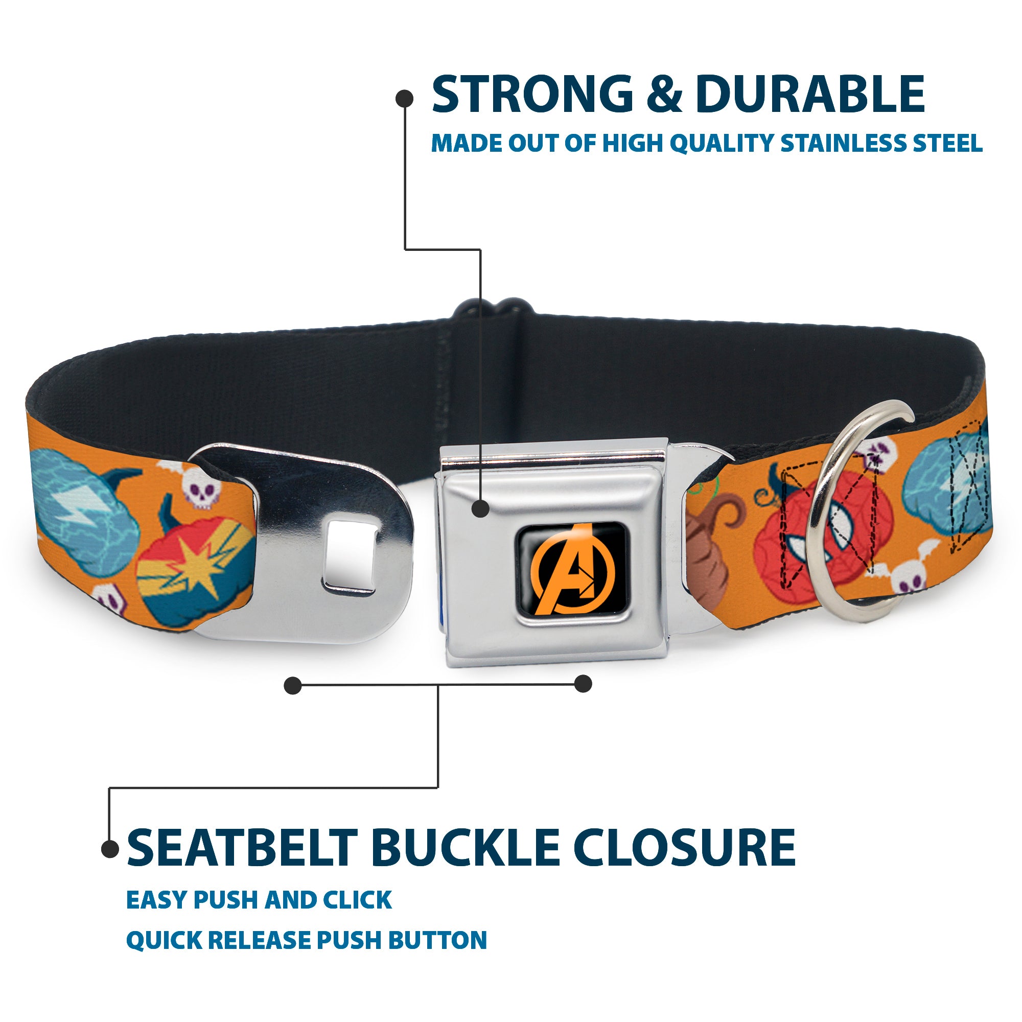 Avengers A Logo Full Color Black/Orange Seatbelt Buckle Collar - Marvel 9-Avengers Halloween Jack-O-Lantern Pumpkin Icons Scattered Orange Seatbelt Buckle Collars Marvel Comics