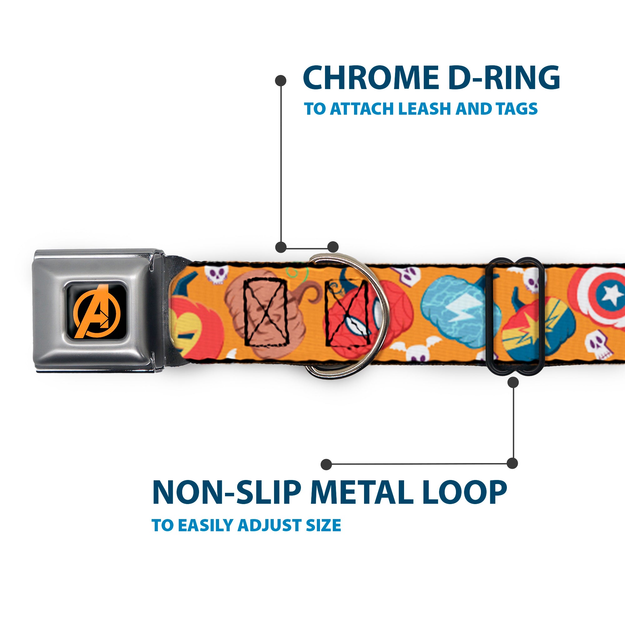 Avengers A Logo Full Color Black/Orange Seatbelt Buckle Collar - Marvel 9-Avengers Halloween Jack-O-Lantern Pumpkin Icons Scattered Orange Seatbelt Buckle Collars Marvel Comics