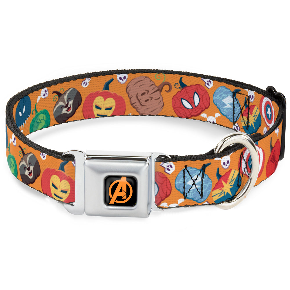 Avengers A Logo Full Color Black/Orange Seatbelt Buckle Collar - Marvel 9-Avengers Halloween Jack-O-Lantern Pumpkin Icons Scattered Orange Seatbelt Buckle Collars Marvel Comics