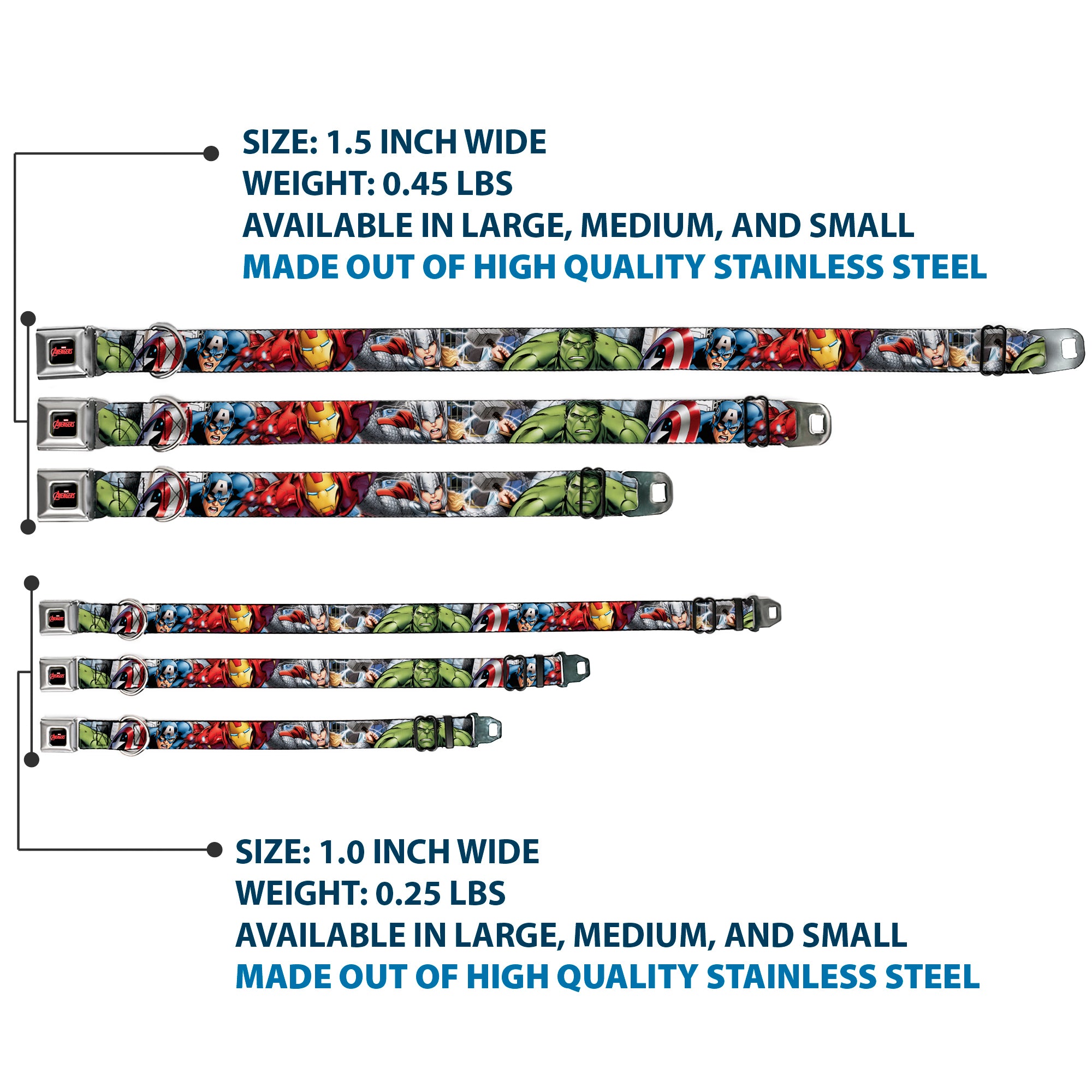 MARVEL AVENGERS Logo Full Color Black/Red/White Seatbelt Buckle Collar - Marvel Avengers 4-Superhero Poses CLOSE-UP Seatbelt Buckle Collars Marvel Comics