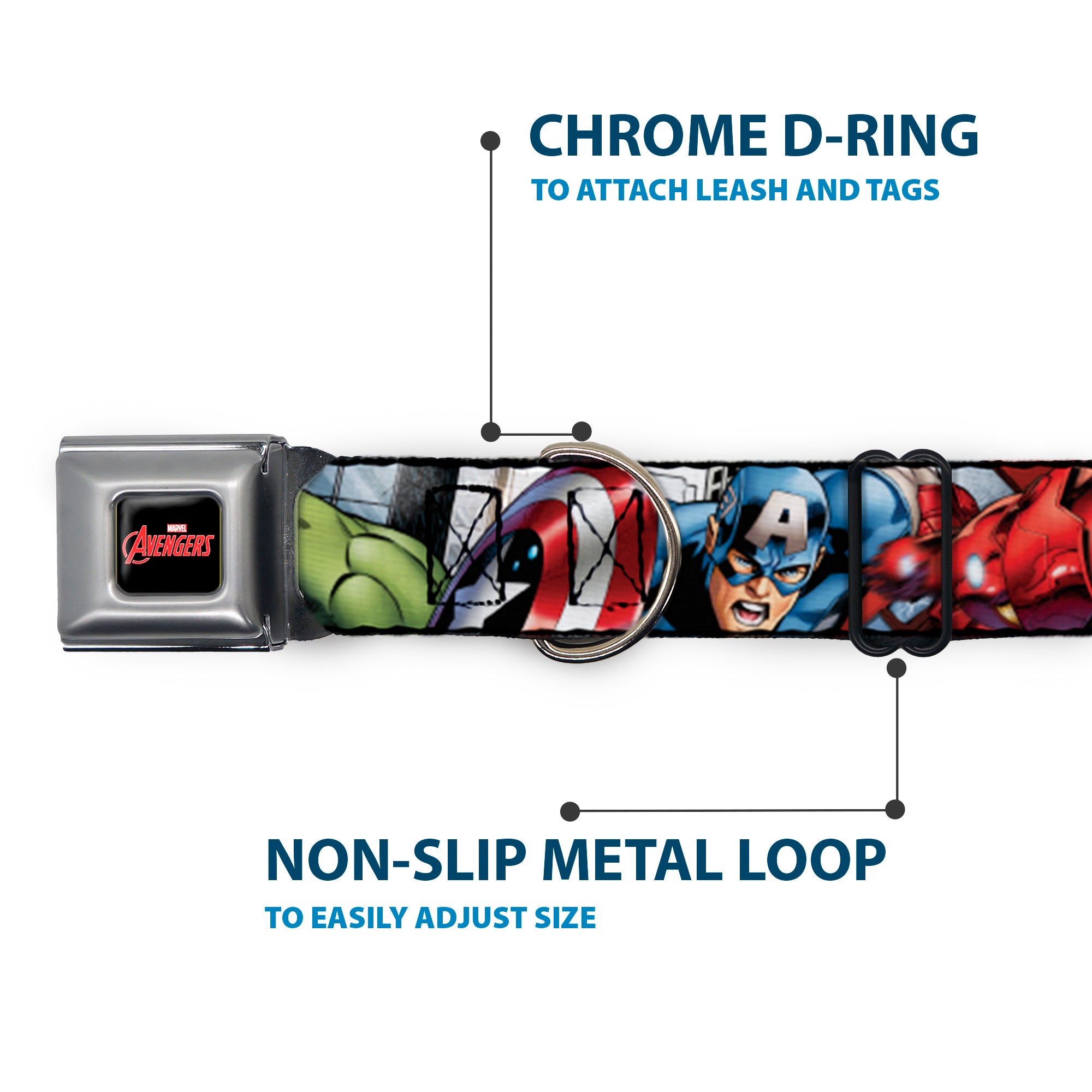 MARVEL AVENGERS Logo Full Color Black/Red/White Seatbelt Buckle Collar - Marvel Avengers 4-Superhero Poses CLOSE-UP Seatbelt Buckle Collars Marvel Comics