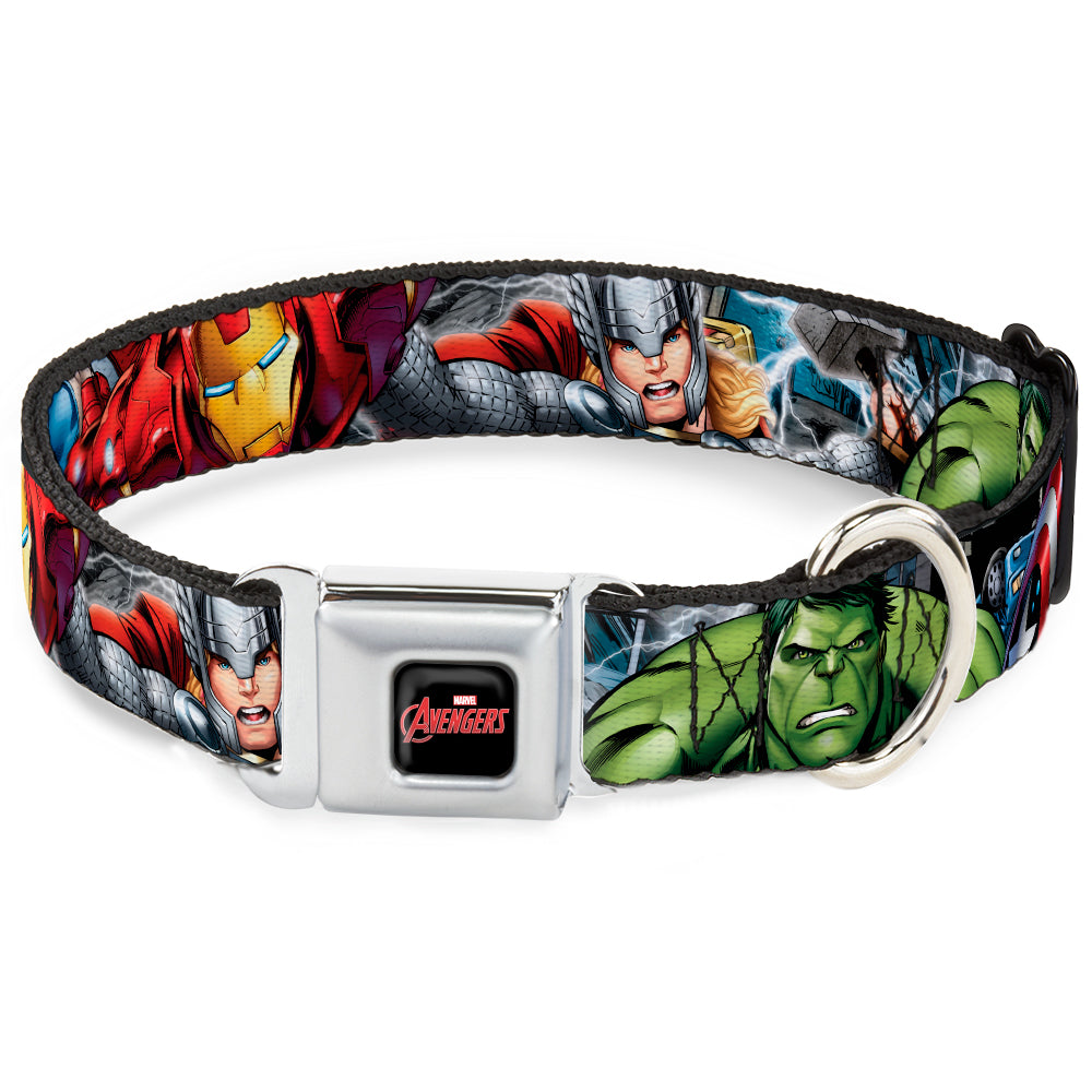 MARVEL AVENGERS Logo Full Color Black/Red/White Seatbelt Buckle Collar - Marvel Avengers 4-Superhero Poses CLOSE-UP Seatbelt Buckle Collars Marvel Comics