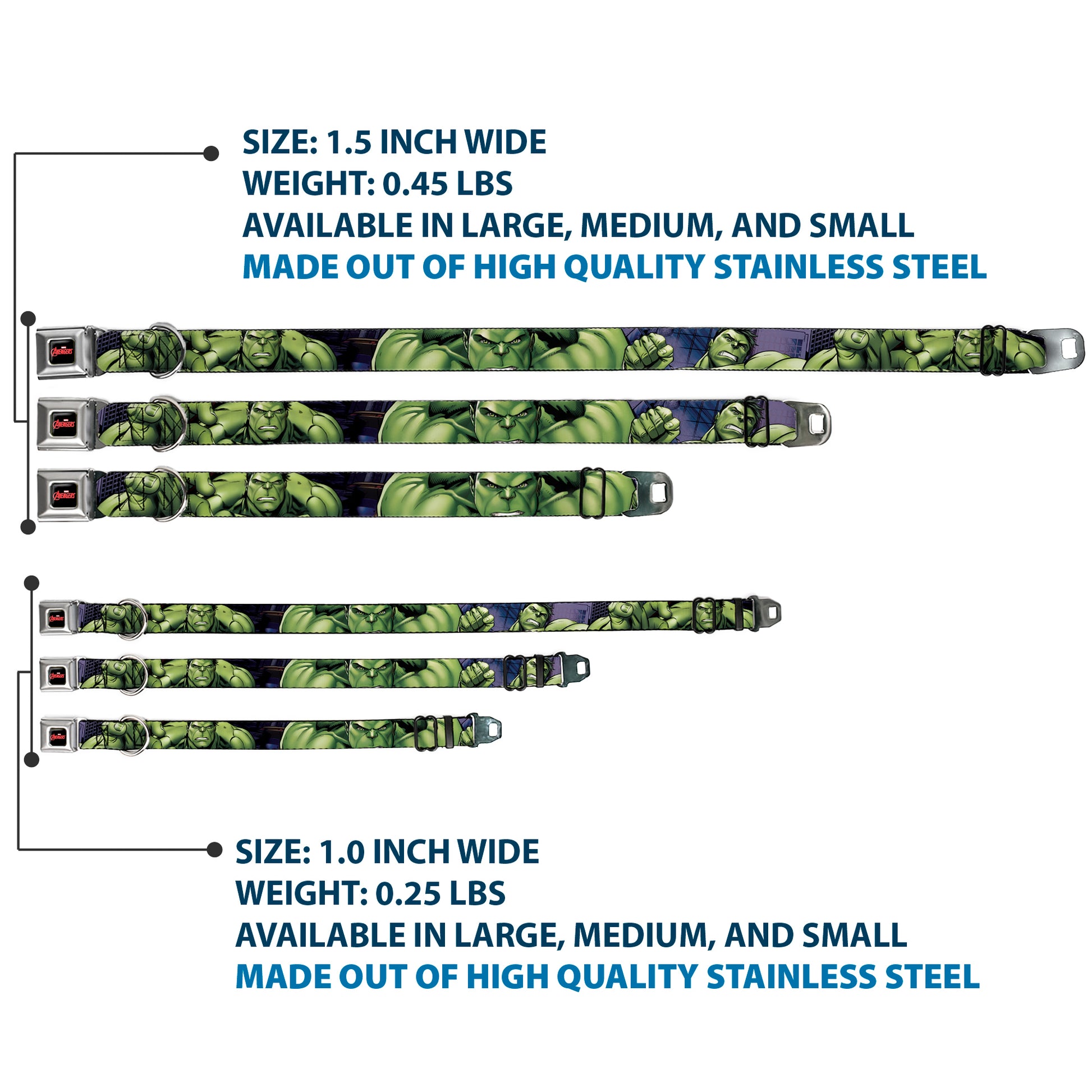 MARVEL AVENGERS Logo Full Color Black/Red/White Seatbelt Buckle Collar - Marvel Hulk CLOSE-UP Poses Seatbelt Buckle Collars Marvel Comics