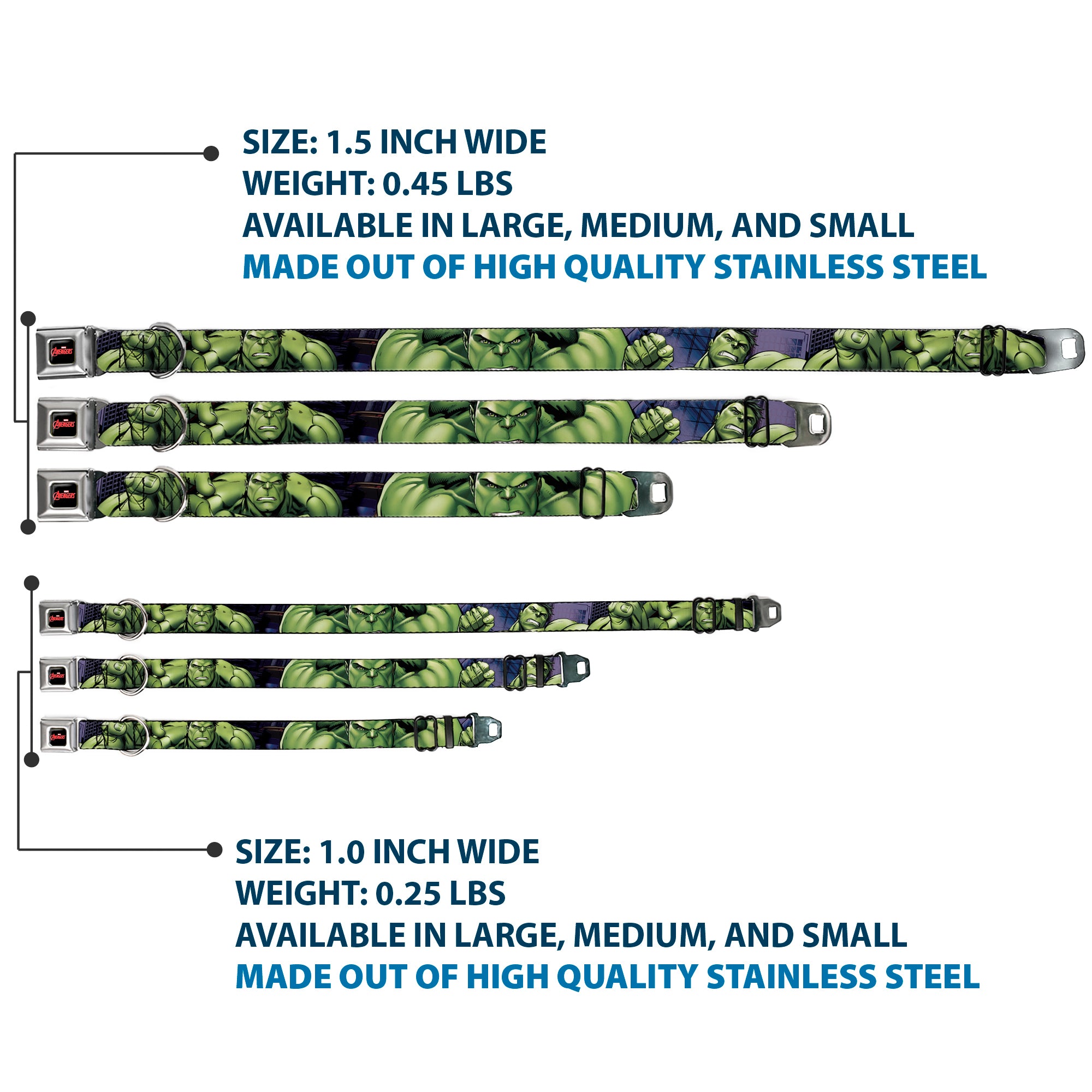 MARVEL AVENGERS Logo Full Color Black/Red/White Seatbelt Buckle Collar - Marvel Hulk CLOSE-UP Poses Seatbelt Buckle Collars Marvel Comics