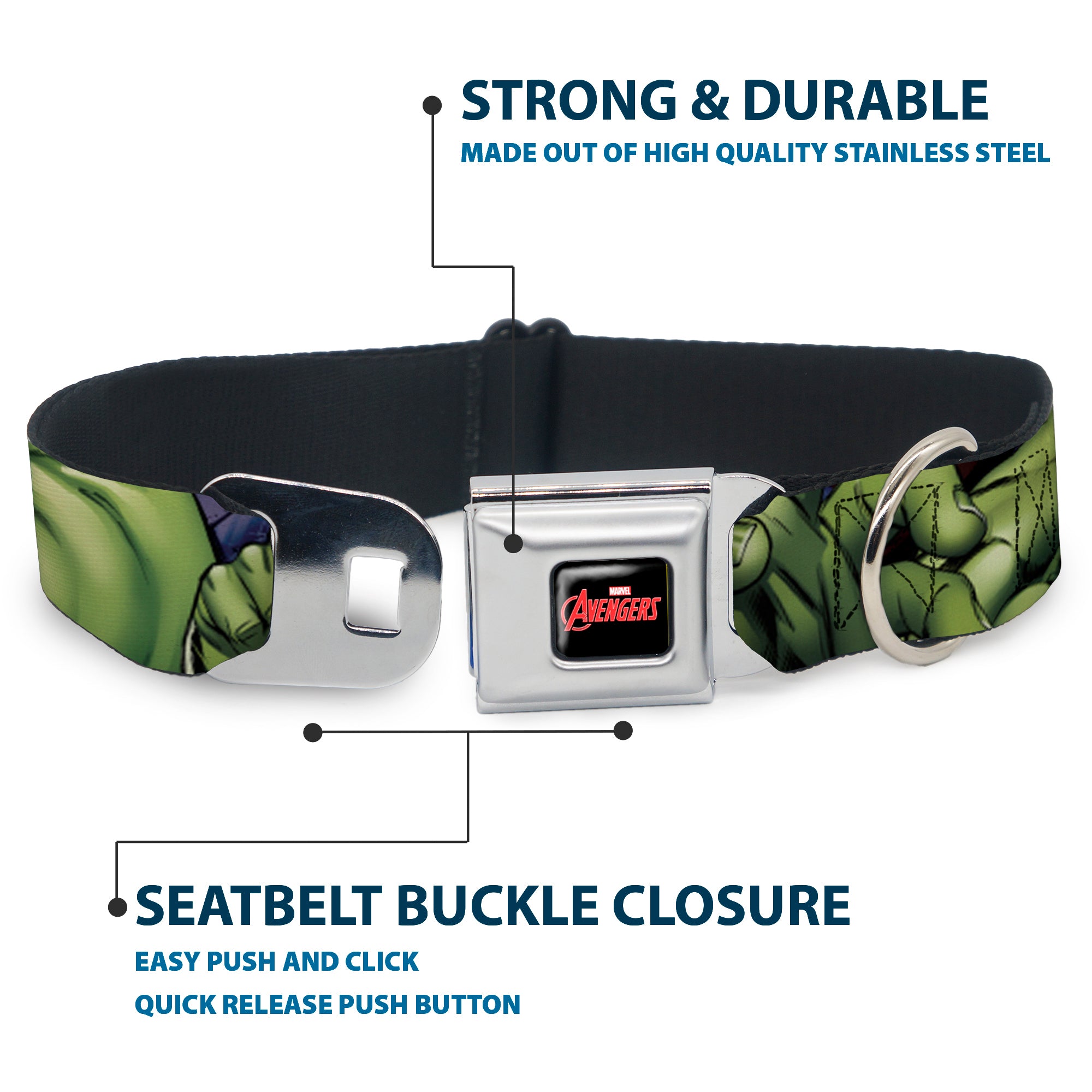 MARVEL AVENGERS Logo Full Color Black/Red/White Seatbelt Buckle Collar - Marvel Hulk CLOSE-UP Poses Seatbelt Buckle Collars Marvel Comics